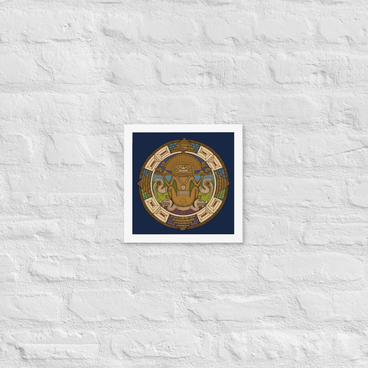 White framed poster with hand-drawn pre-Columbian Sun God deity art by Bareta Fina Designs
