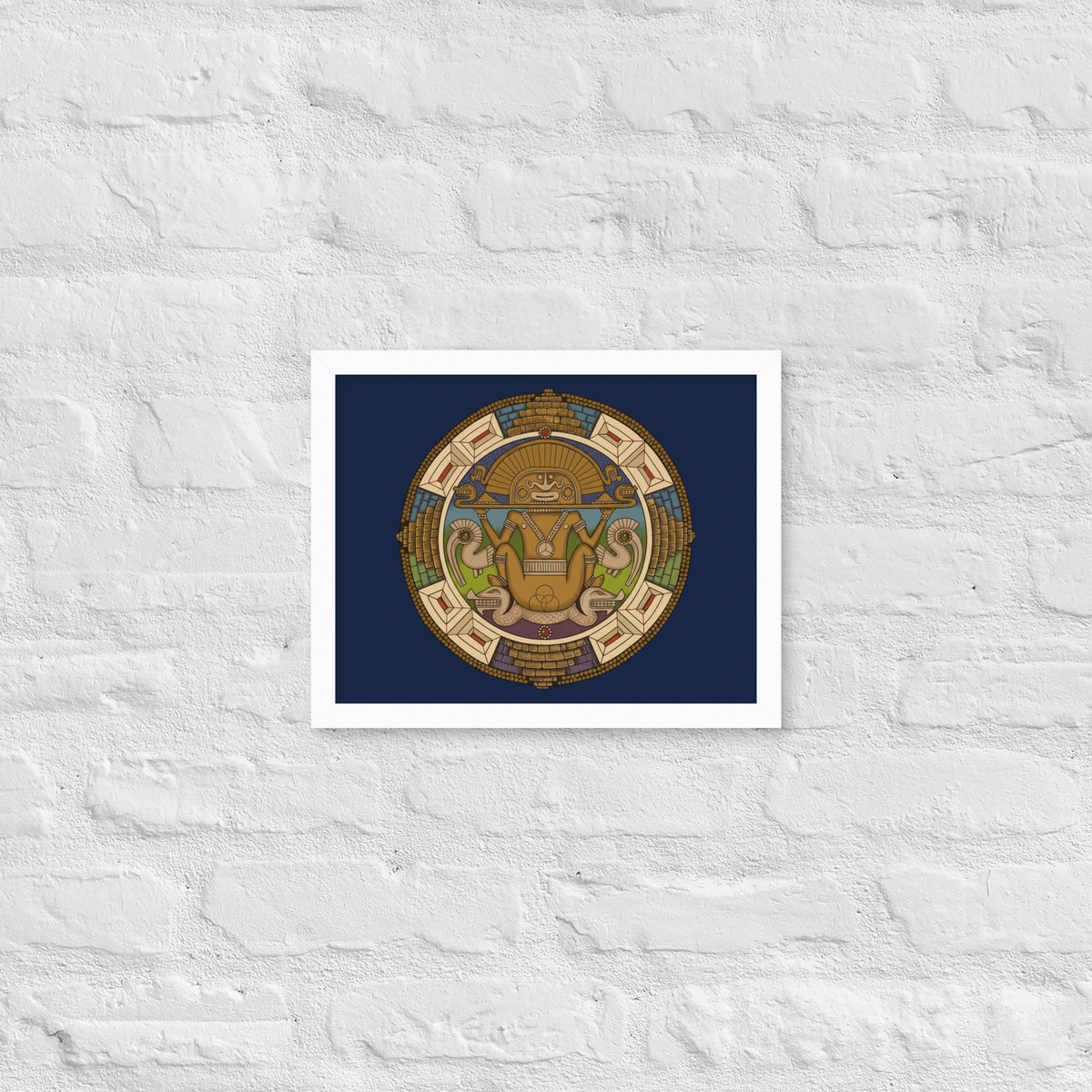 White framed poster with hand-drawn pre-Columbian Sun God deity art by Bareta Fina Designs