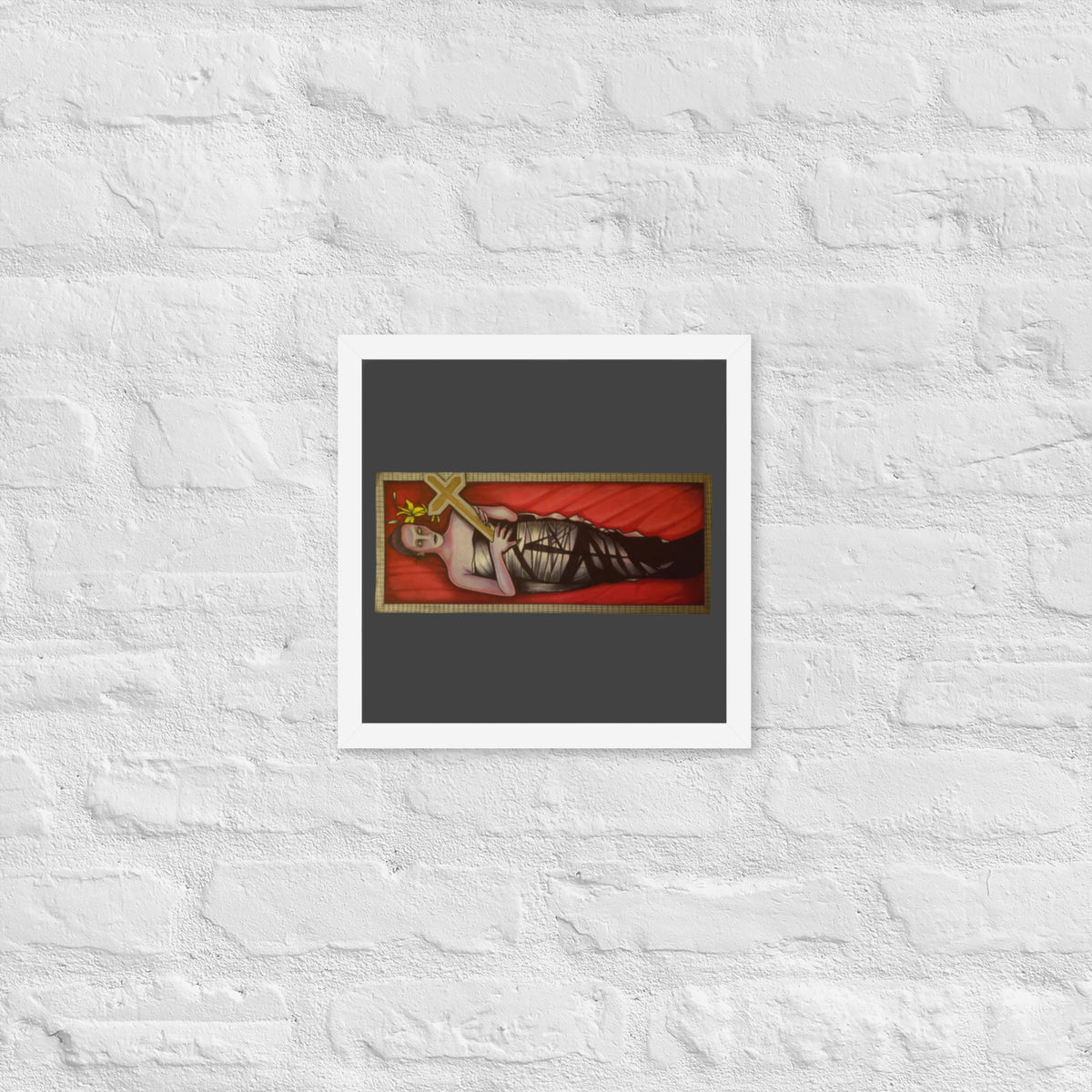 White framed poster with hand-drawn gothic The Mourning Bride art by Bareta Fina Designs