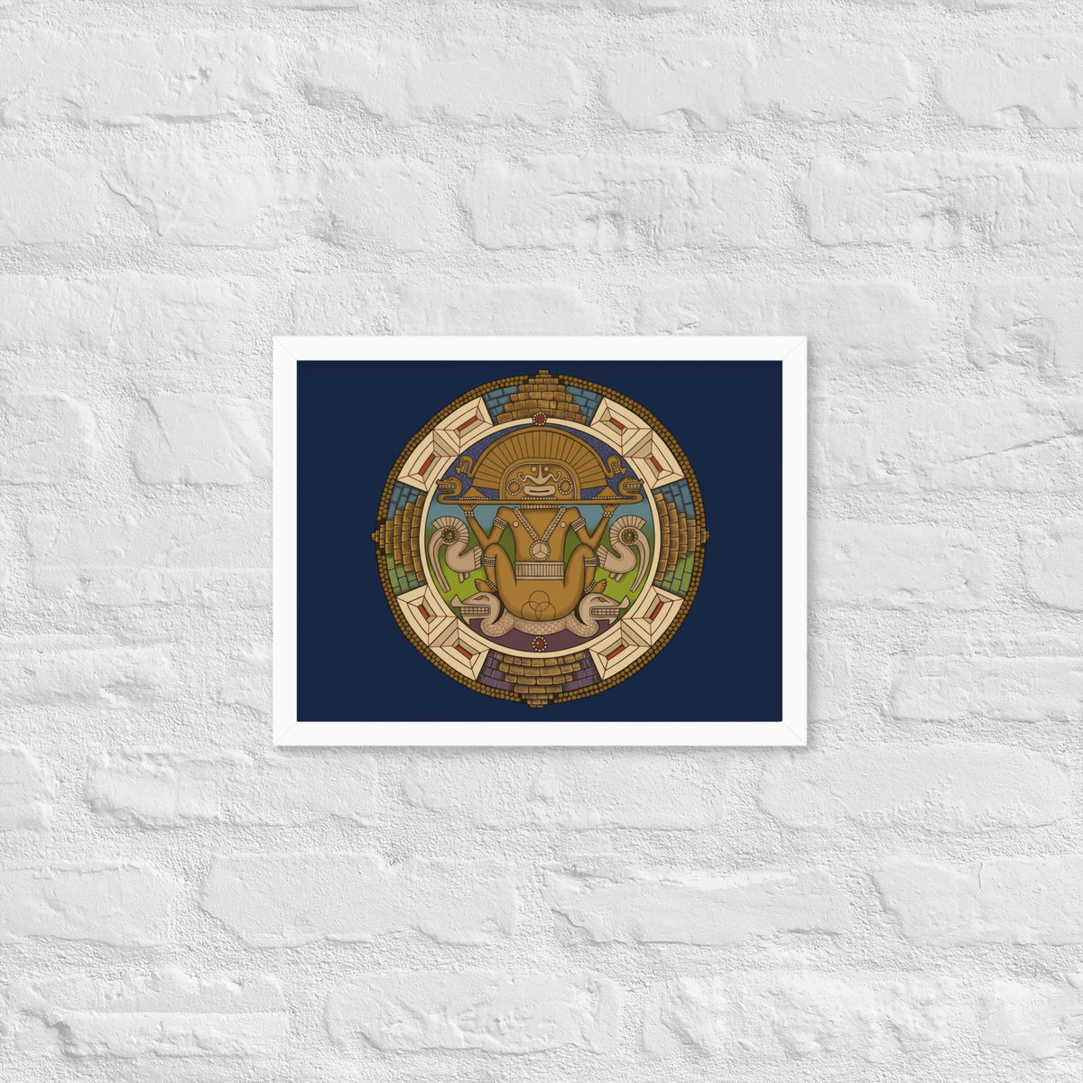 White framed poster with hand-drawn pre-Columbian Sun God deity art by Bareta Fina Designs