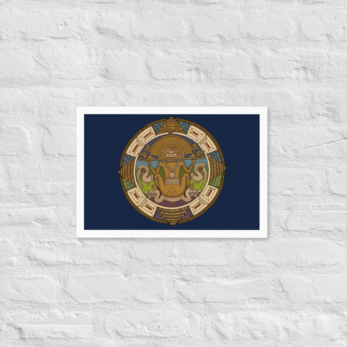 White framed poster with hand-drawn pre-Columbian Sun God deity art by Bareta Fina Designs