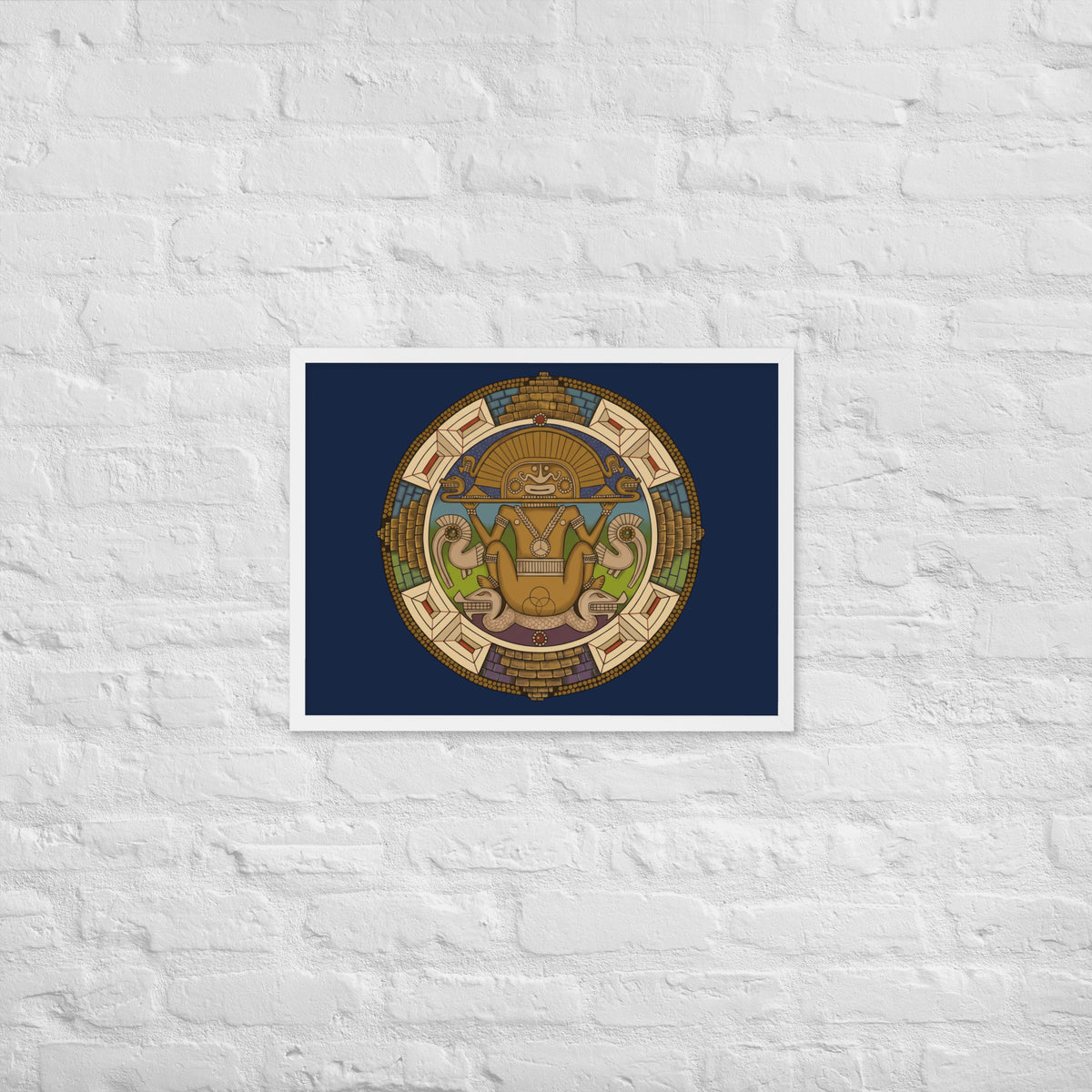 White framed poster with hand-drawn pre-Columbian Sun God deity art by Bareta Fina Designs