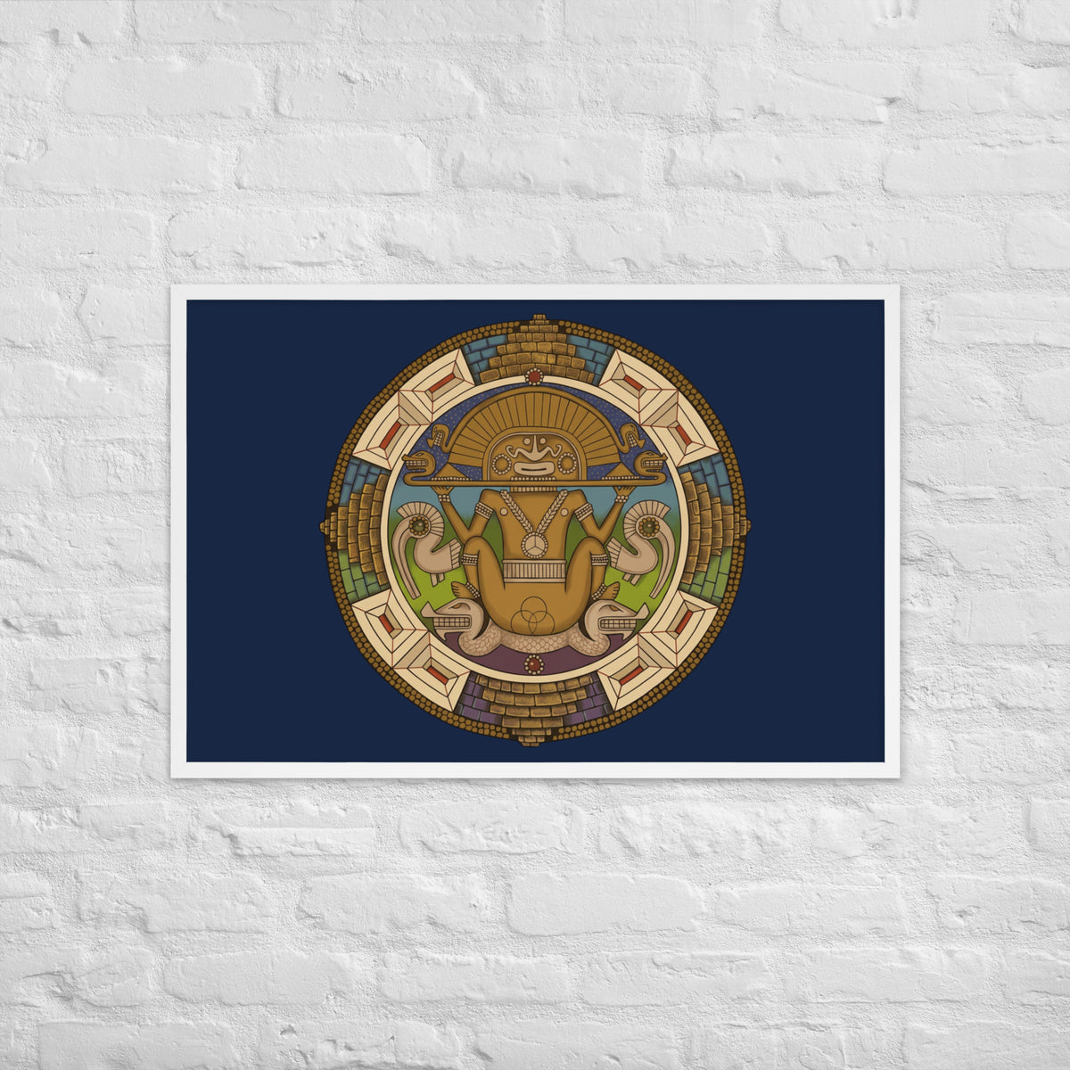 White framed poster with hand-drawn pre-Columbian Sun God deity art by Bareta Fina Designs