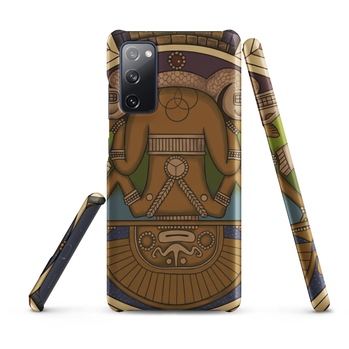 Snap case for Samsung Galaxy S20 FE with hand-drawn pre-Columbian Sun God deity art by Bareta Fina Designs