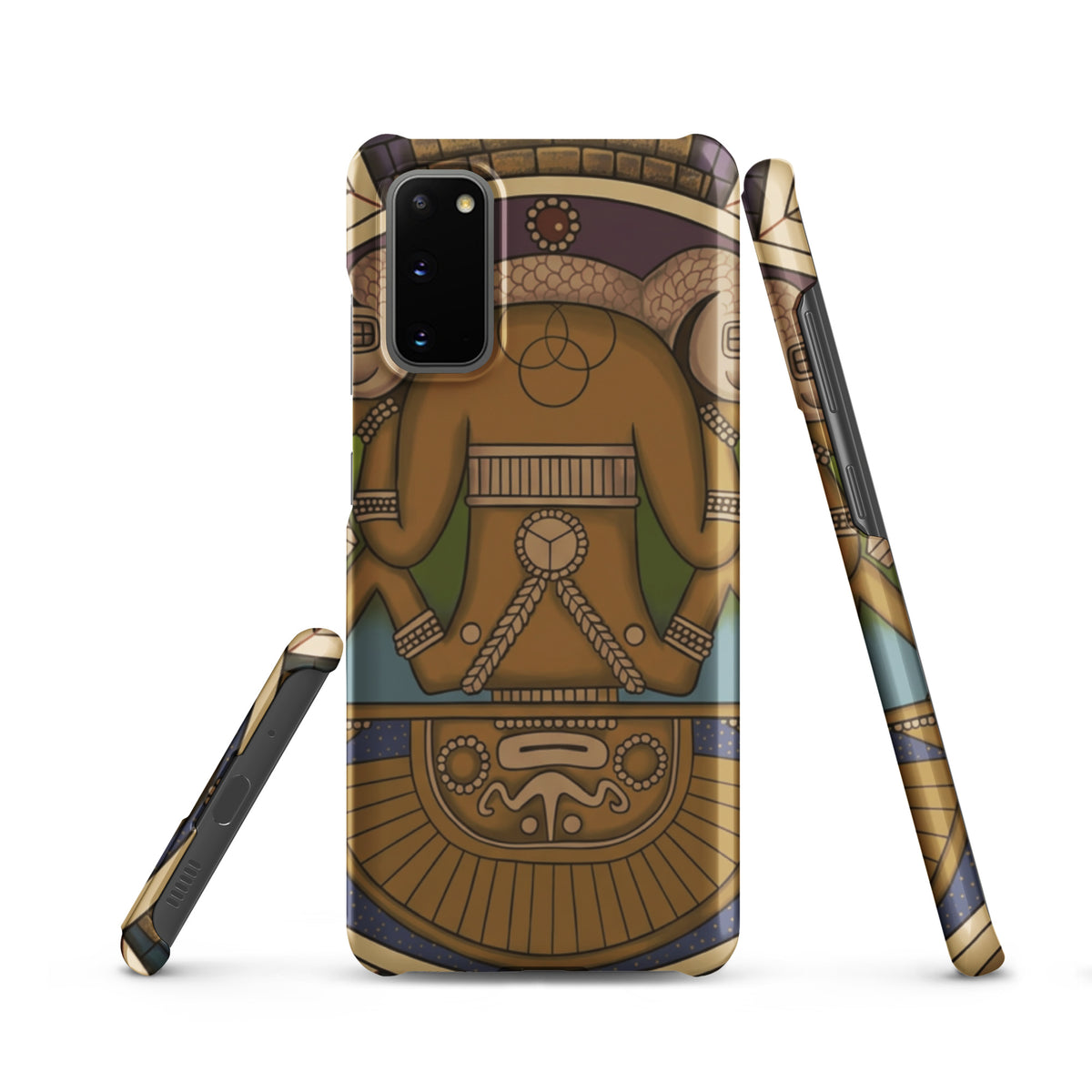 Snap case for Samsung Galaxy S20 with hand-drawn pre-Columbian Sun God deity art by Bareta Fina Designs