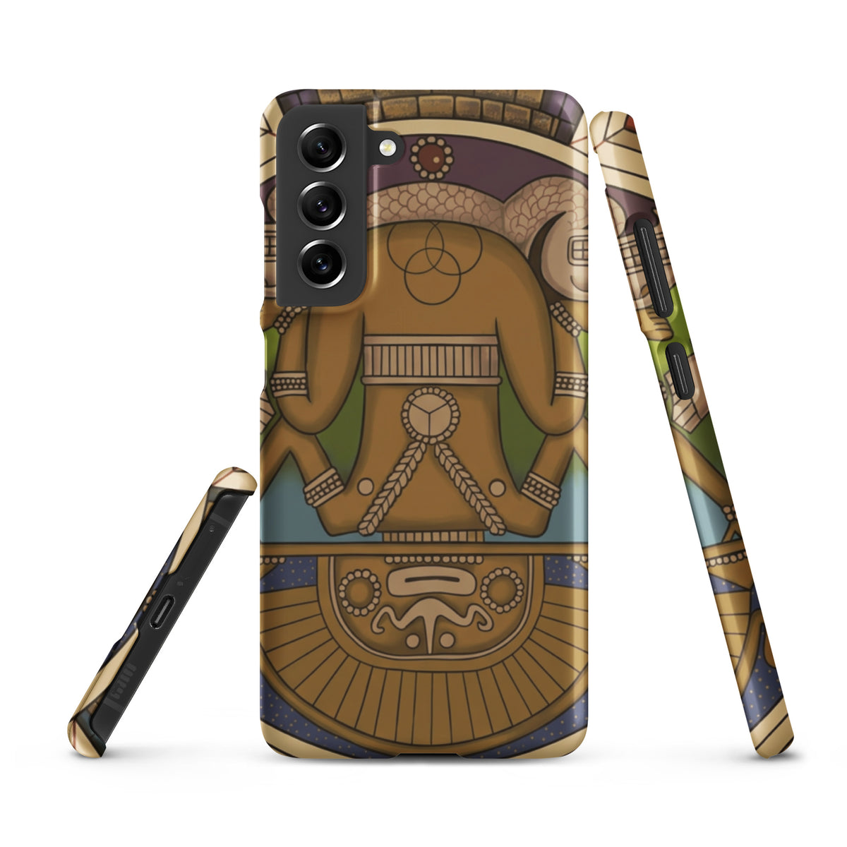 Snap case for Samsung Galaxy S21 FE with hand-drawn pre-Columbian Sun God deity art by Bareta Fina Designs
