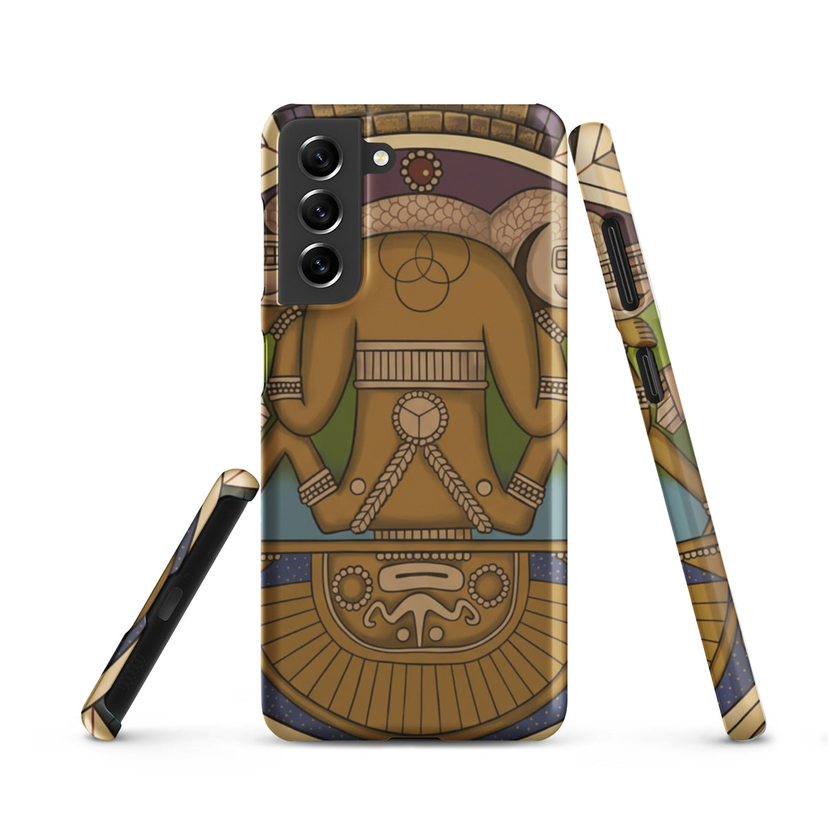 Snap case for Samsung Galaxy S21 with hand-drawn pre-Columbian Sun God deity art by Bareta Fina Designs