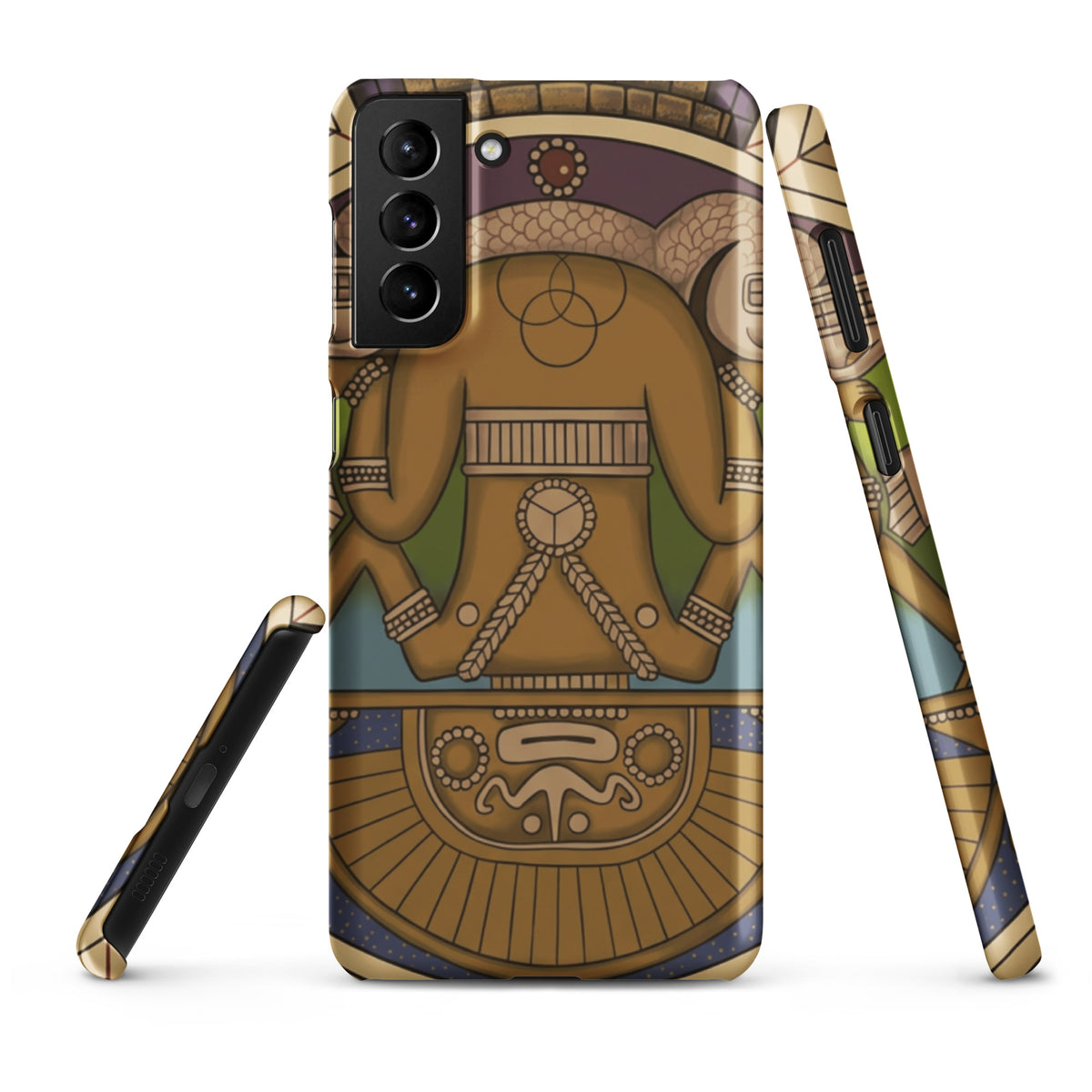 Snap case for Samsung Galaxy S21 Plus with hand-drawn pre-Columbian Sun God deity art by Bareta Fina Designs