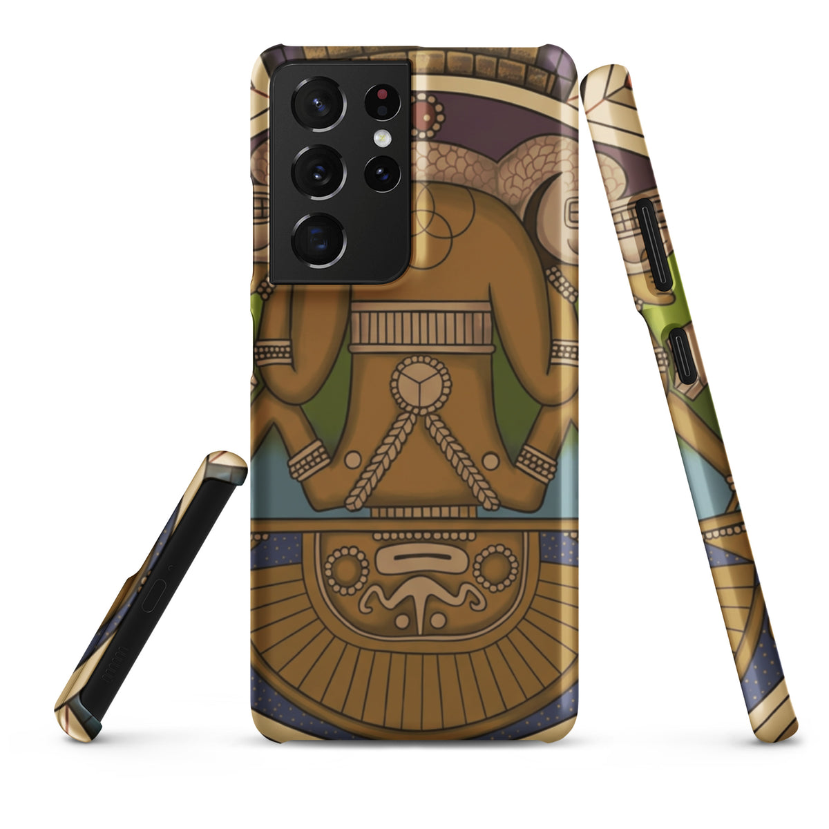 Snap case for Samsung Galaxy S21 Ultra with hand-drawn pre-Columbian Sun God deity art by Bareta Fina Designs