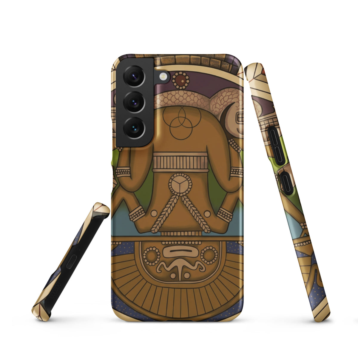 Snap case for Samsung Galaxy S22 with hand-drawn pre-Columbian Sun God deity art by Bareta Fina Designs