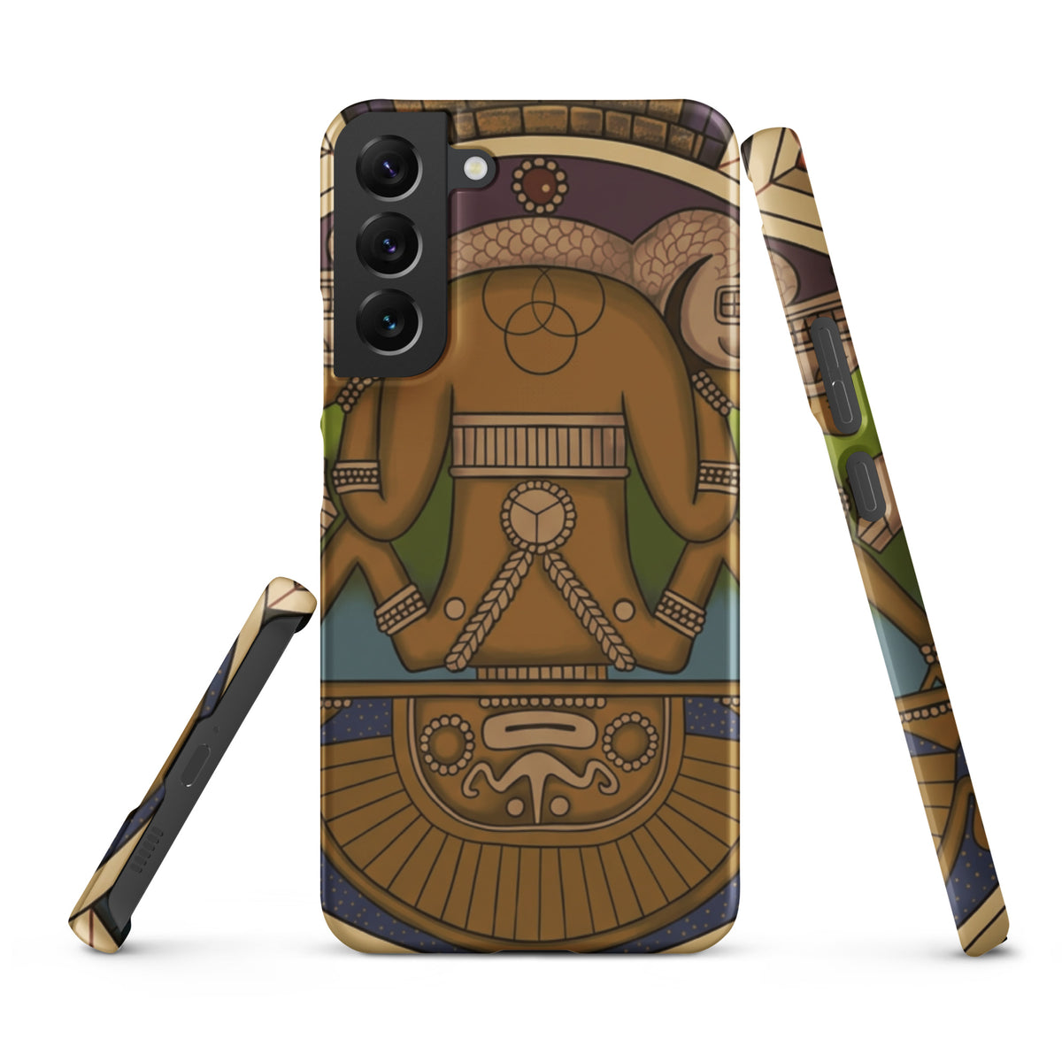Snap case for Samsung Galaxy S22 Plus with hand-drawn pre-Columbian Sun God deity art by Bareta Fina Designs