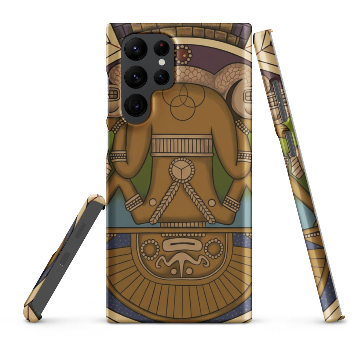 Snap case for Samsung Galaxy S22 Ultra with hand-drawn pre-Columbian Sun God deity art by Bareta Fina Designs