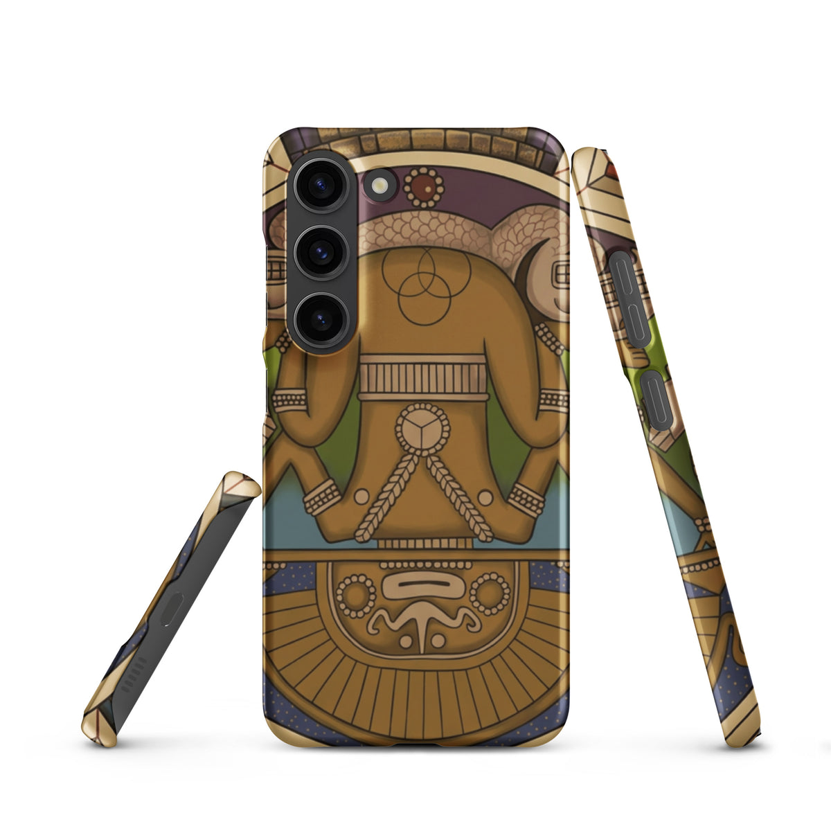 Snap case for Samsung Galaxy S23 with hand-drawn pre-Columbian Sun God deity art by Bareta Fina Designs