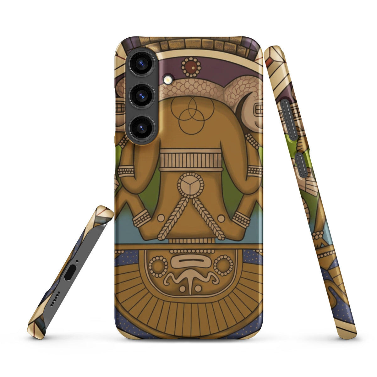 Snap case for Samsung Galaxy S24 Plus with hand-drawn pre-Columbian Sun God deity art by Bareta Fina Designs