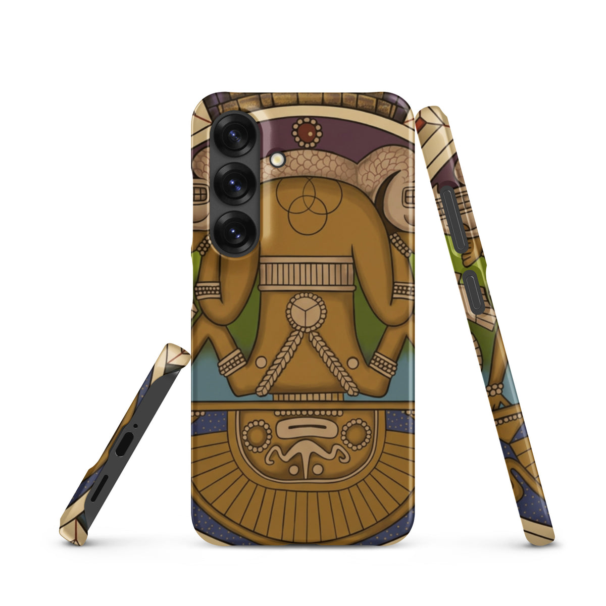 Snap case for Samsung Galaxy S25 with hand-drawn pre-Columbian Sun God deity art by Bareta Fina Designs
