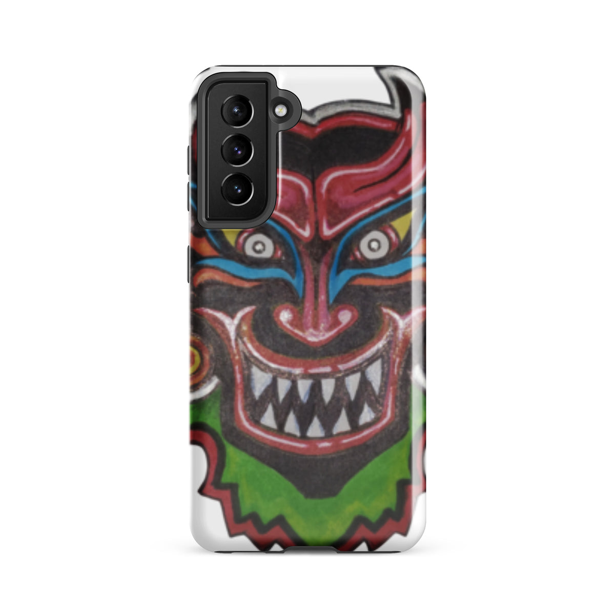 Dancing Demon Tough Case for Samsung Galaxy S21 FE, glossy finish, hand-drawn Diablos Danzantes mask design