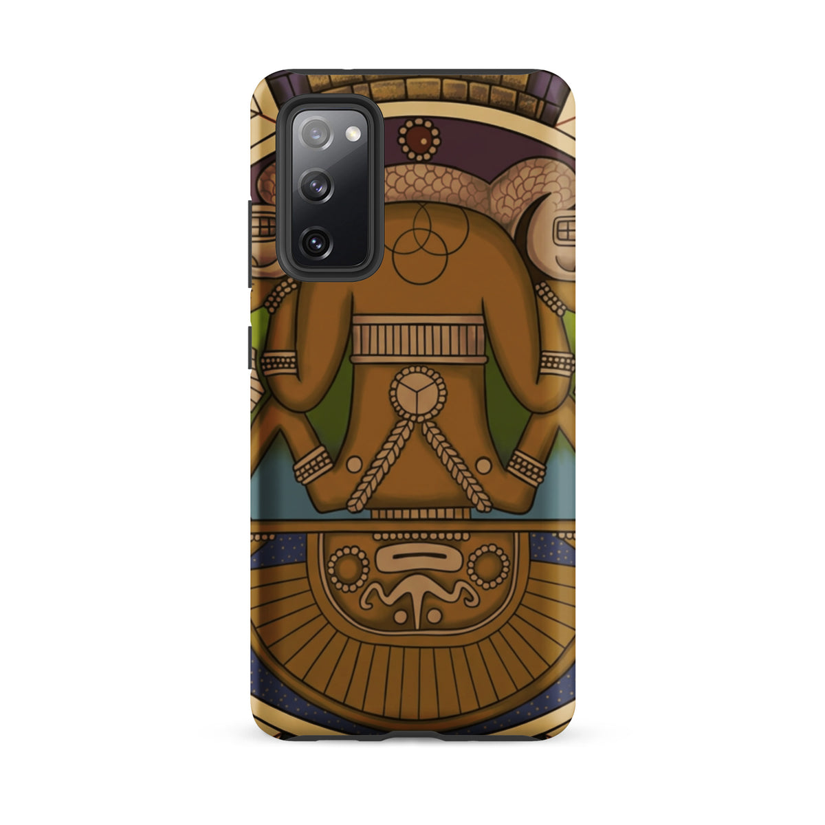 Tough case for Samsung Galaxy S20 FE with hand-drawn pre-Columbian Sun God deity art by Bareta Fina Designs