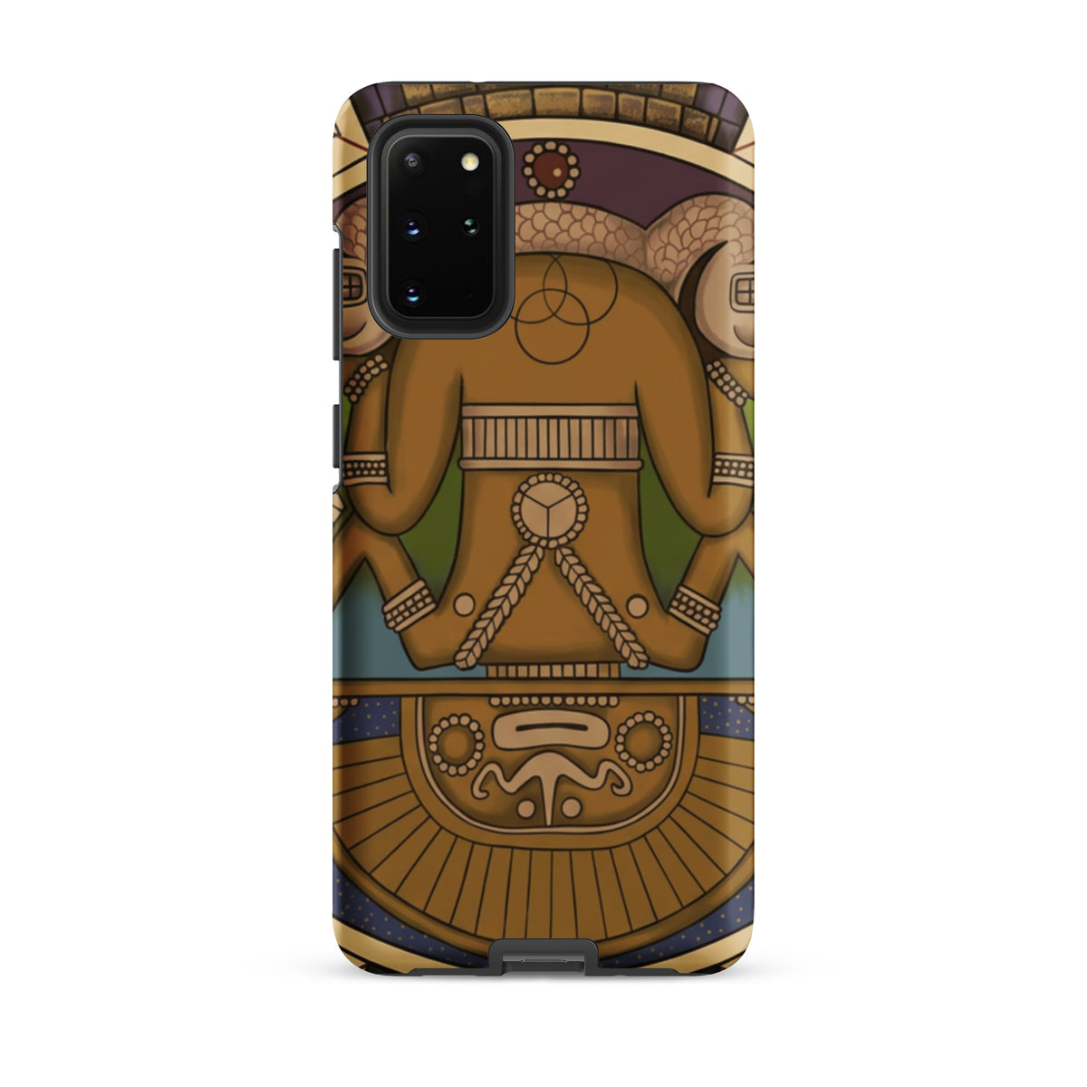 Tough case for Samsung Galaxy S20 Plus with hand-drawn pre-Columbian Sun God deity art by Bareta Fina Designs