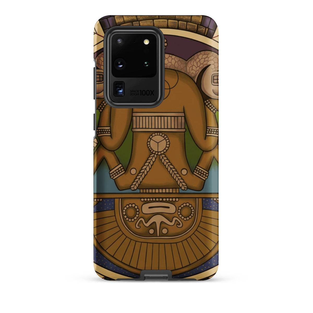 Tough case for Samsung Galaxy S20 Ultra with hand-drawn pre-Columbian Sun God deity art by Bareta Fina Designs