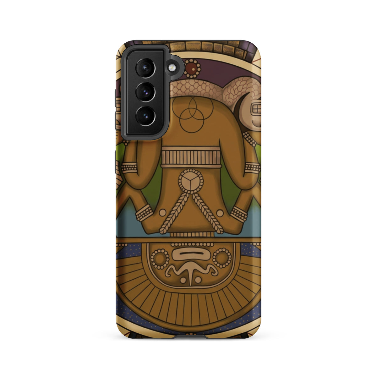 Tough case for Samsung Galaxy S21 FE with hand-drawn pre-Columbian Sun God deity art by Bareta Fina Designs
