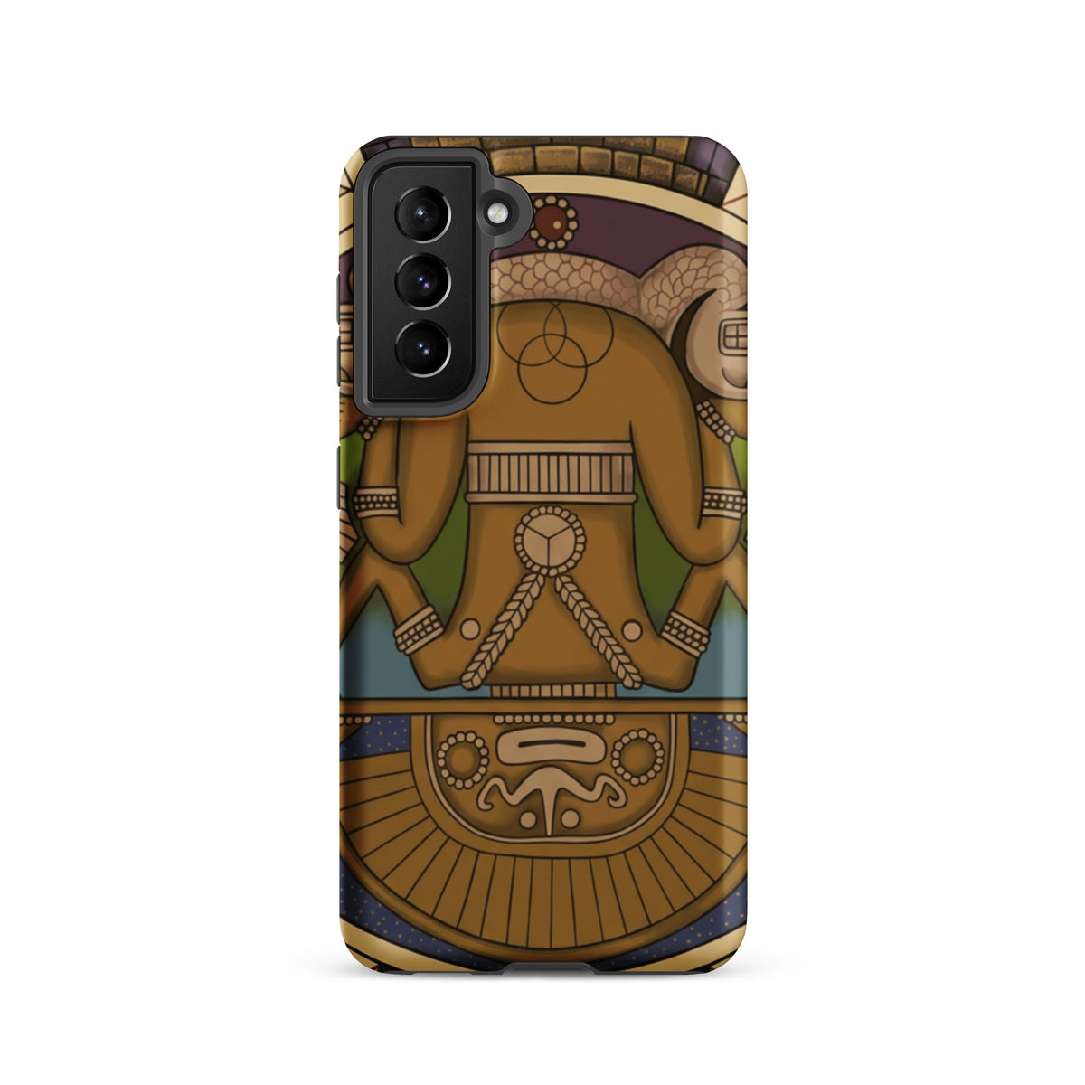 Tough case for Samsung Galaxy S21 with hand-drawn pre-Columbian Sun God deity art by Bareta Fina Designs