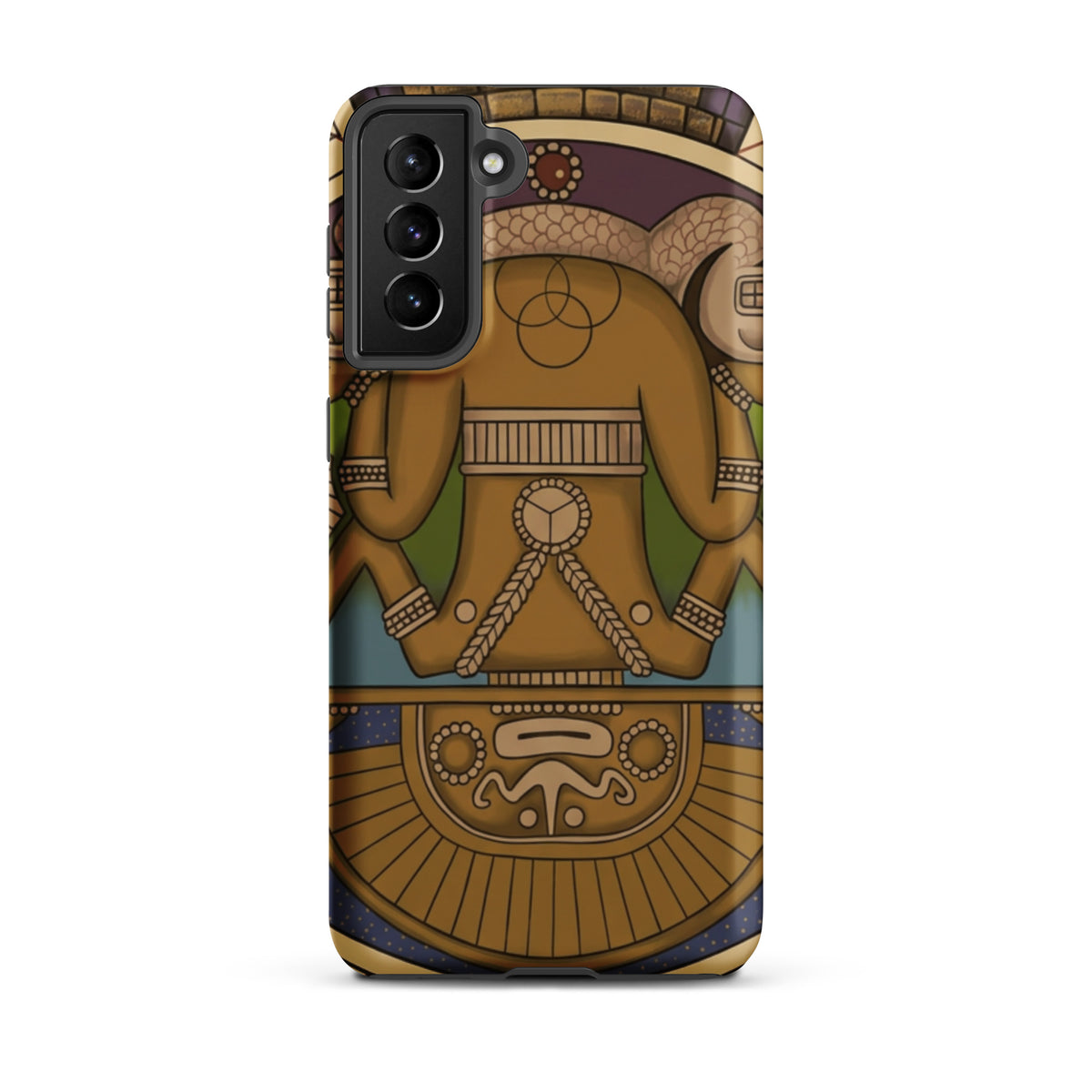 Tough case for Samsung Galaxy S21 Plus with hand-drawn pre-Columbian Sun God deity art by Bareta Fina Designs