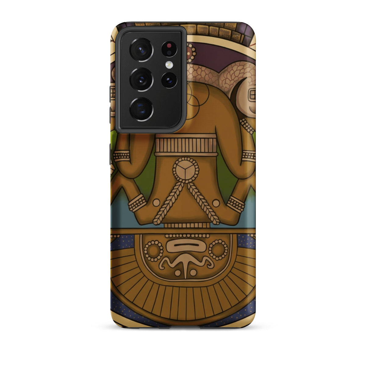 Tough case for Samsung Galaxy S21 Ultra with hand-drawn pre-Columbian Sun God deity art by Bareta Fina Designs