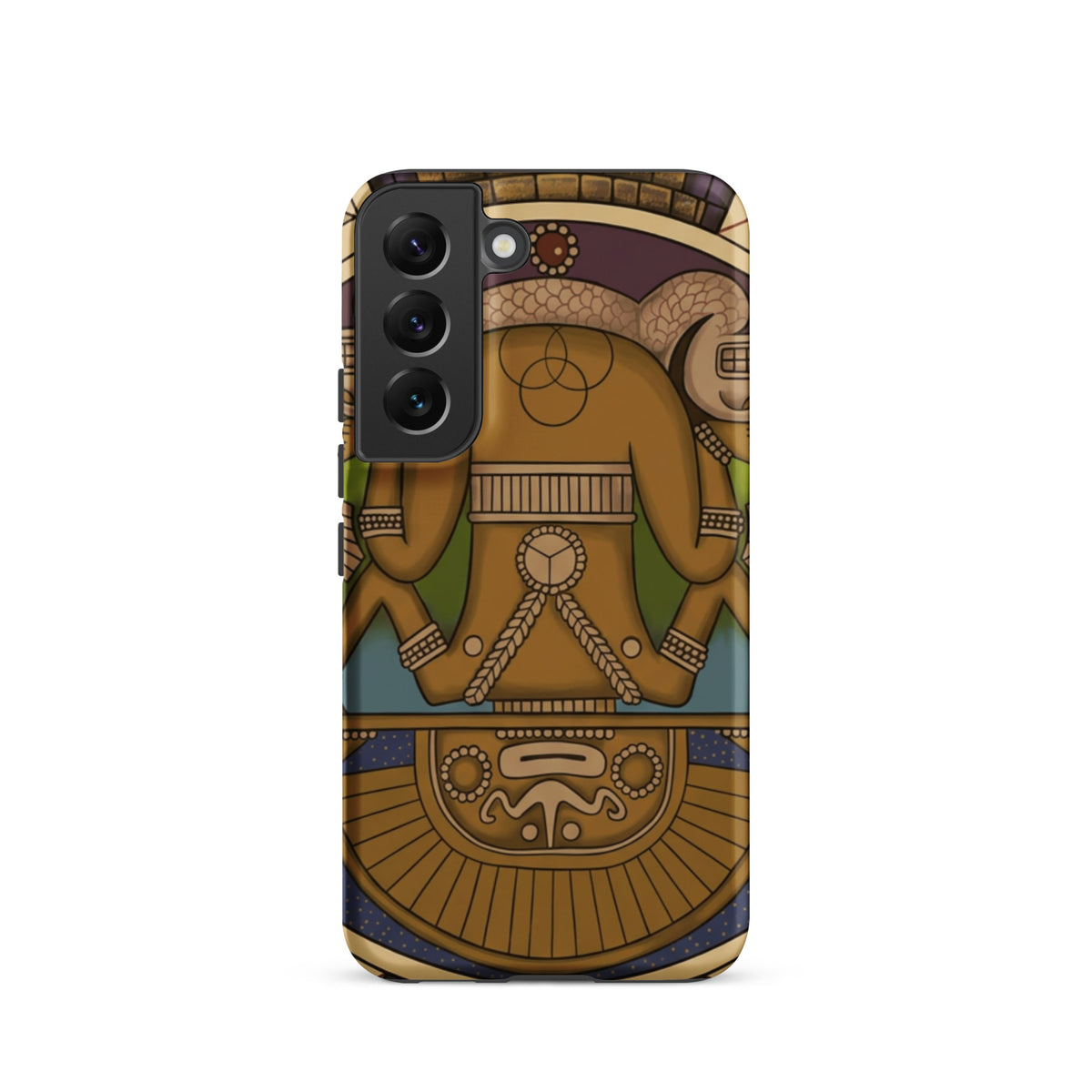 Tough case for Samsung Galaxy S22 with hand-drawn pre-Columbian Sun God deity art by Bareta Fina Designs