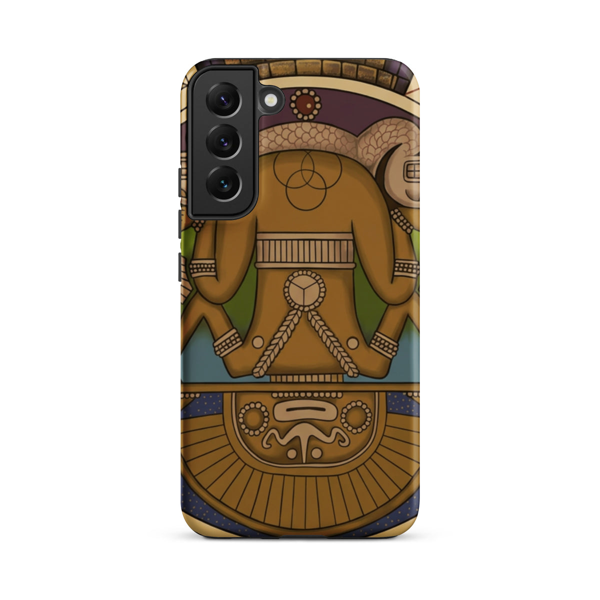 Tough case for Samsung Galaxy S22 Plus with hand-drawn pre-Columbian Sun God deity art by Bareta Fina Designs