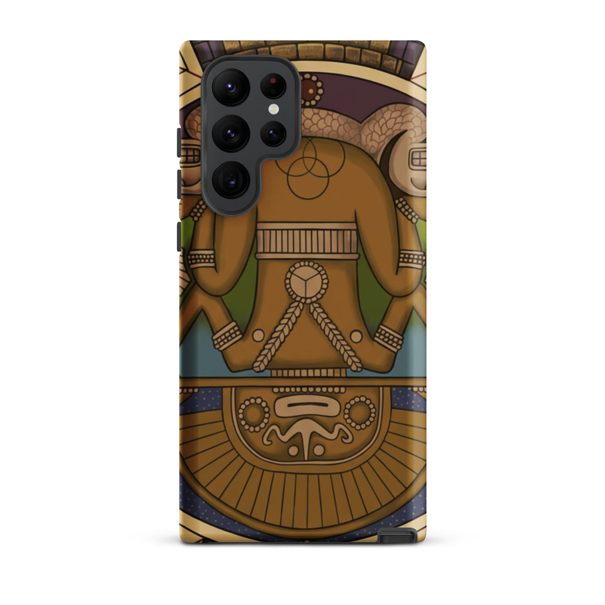 Tough case for Samsung Galaxy S22 Ultra with hand-drawn pre-Columbian Sun God deity art by Bareta Fina Designs