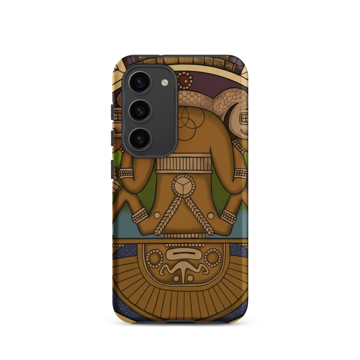 Tough case for Samsung Galaxy S23 with hand-drawn pre-Columbian Sun God deity art by Bareta Fina Designs