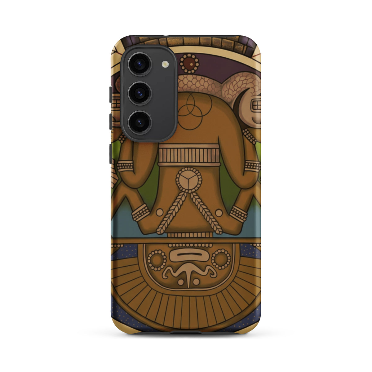 Tough case for Samsung Galaxy S23 Plus with hand-drawn pre-Columbian Sun God deity art by Bareta Fina Designs