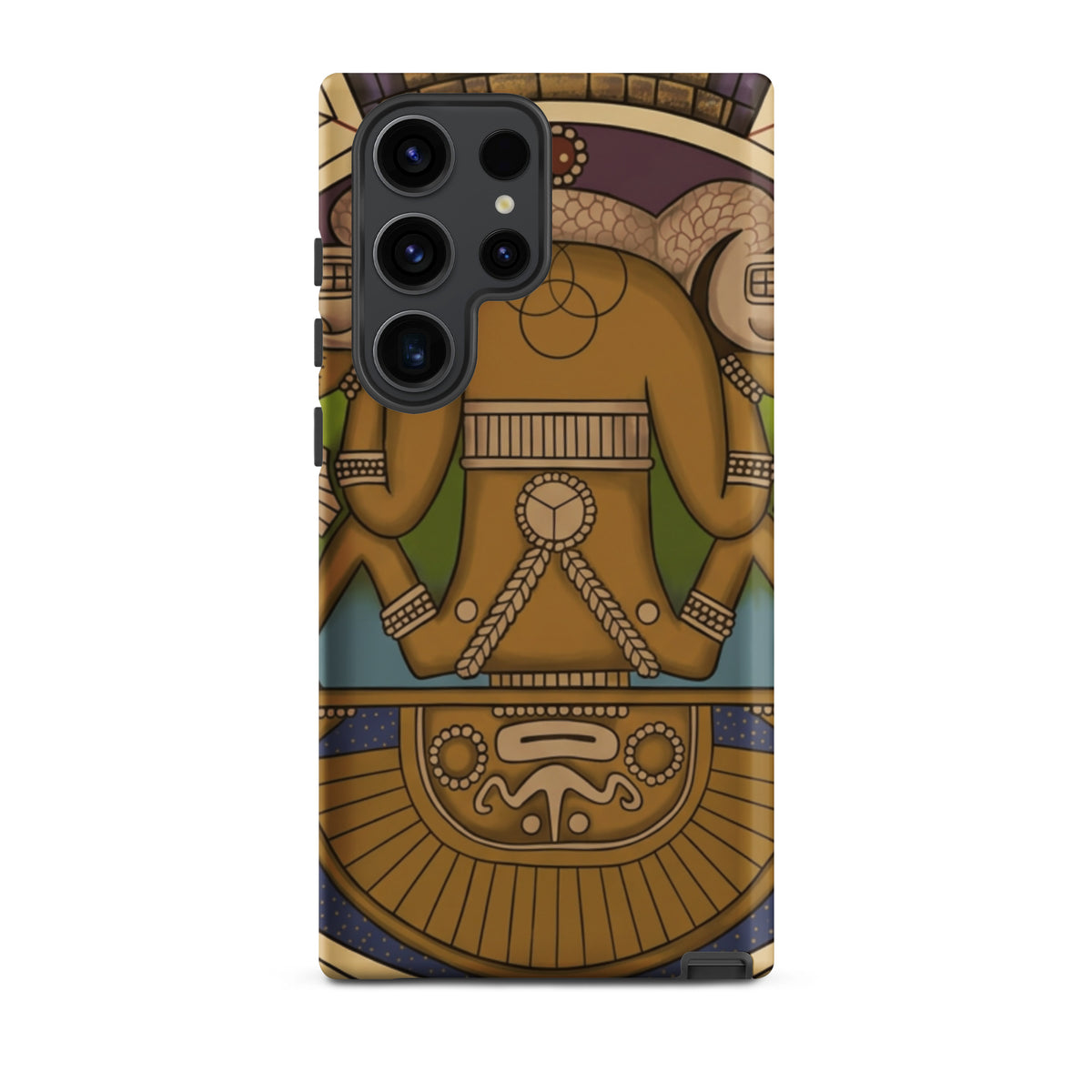 Tough case for Samsung Galaxy S23 Ultra with hand-drawn pre-Columbian Sun God deity art by Bareta Fina Designs