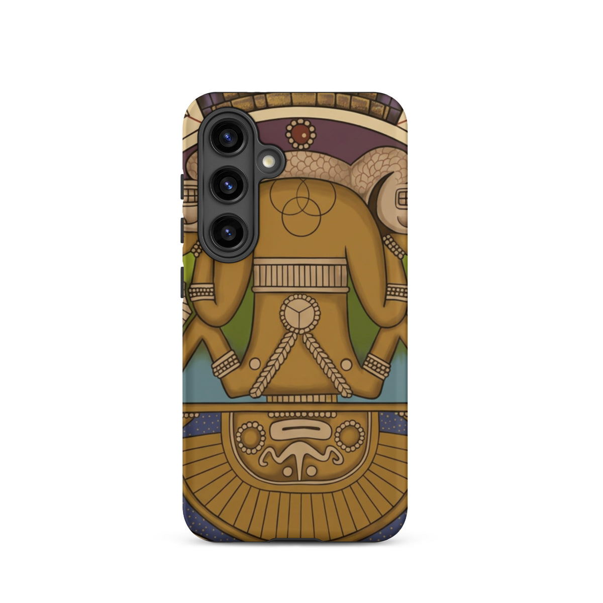 Tough case for Samsung Galaxy S24 with hand-drawn pre-Columbian Sun God deity art by Bareta Fina Designs