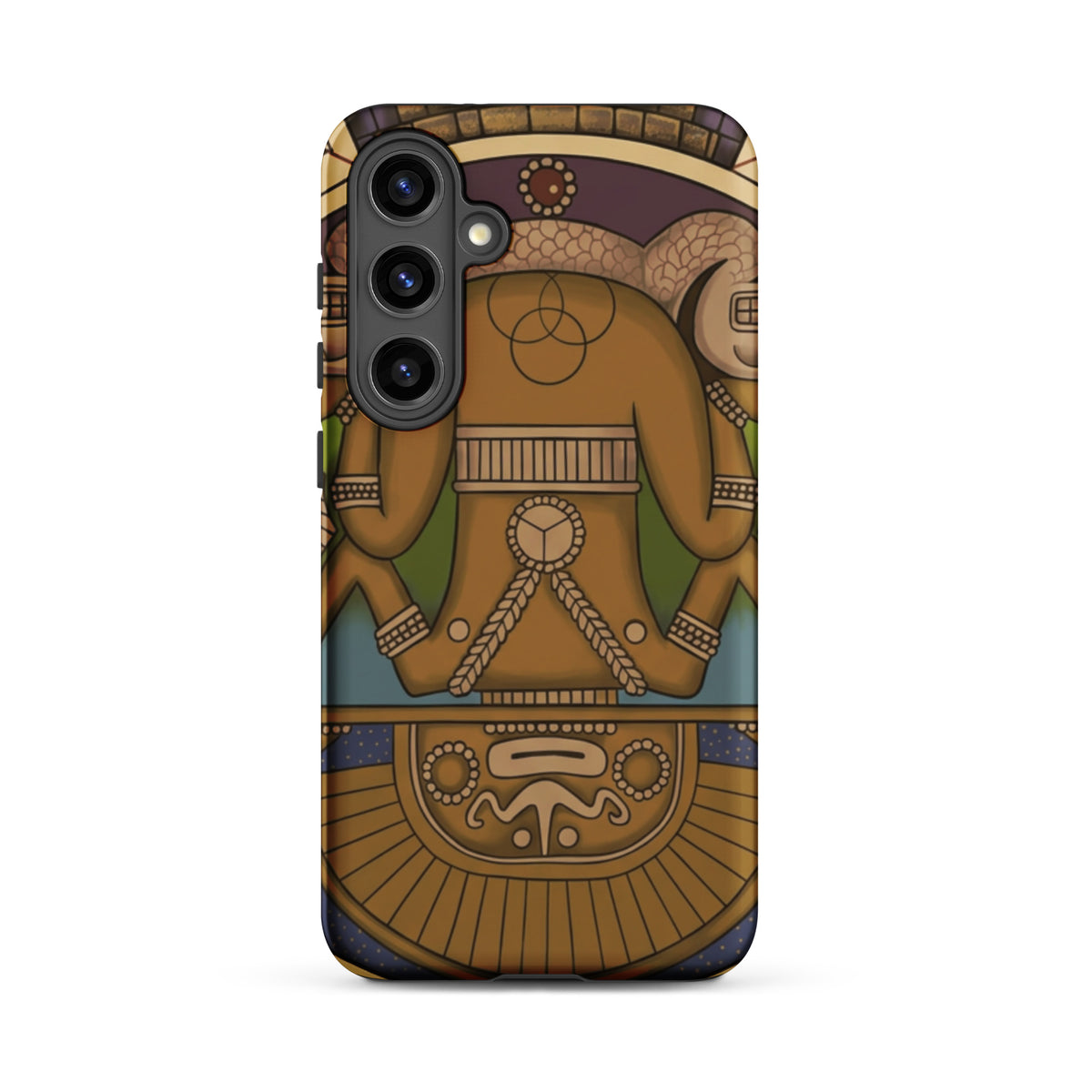 Tough case for Samsung Galaxy S24 Plus with hand-drawn pre-Columbian Sun God deity art by Bareta Fina Designs