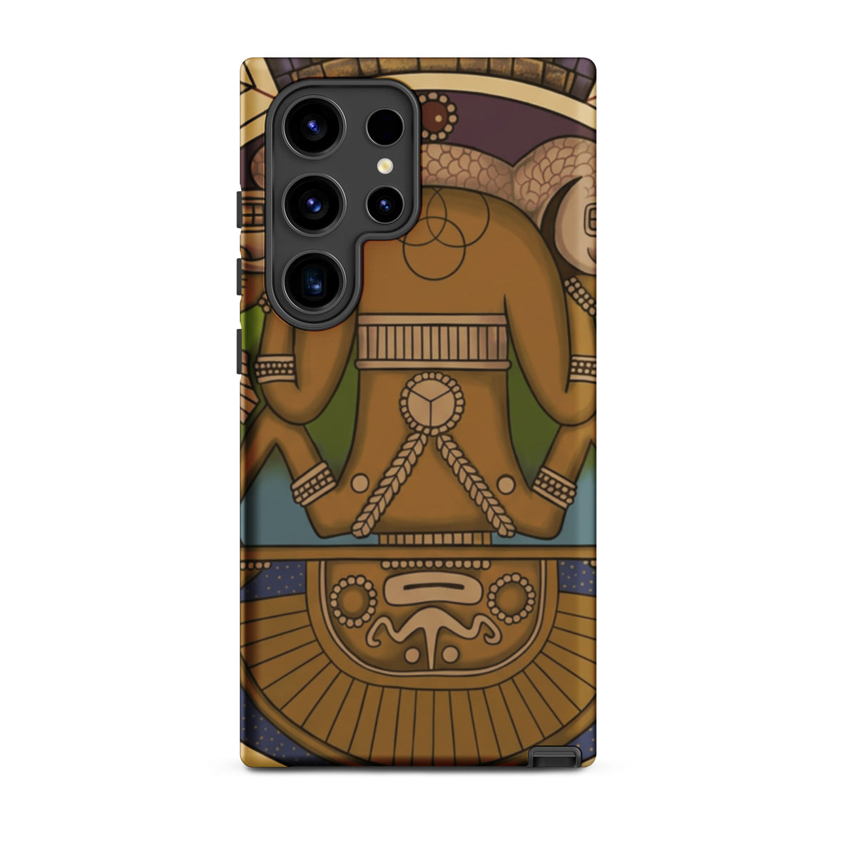 Tough case for Samsung Galaxy S24 Ultra with hand-drawn pre-Columbian Sun God deity art by Bareta Fina Designs