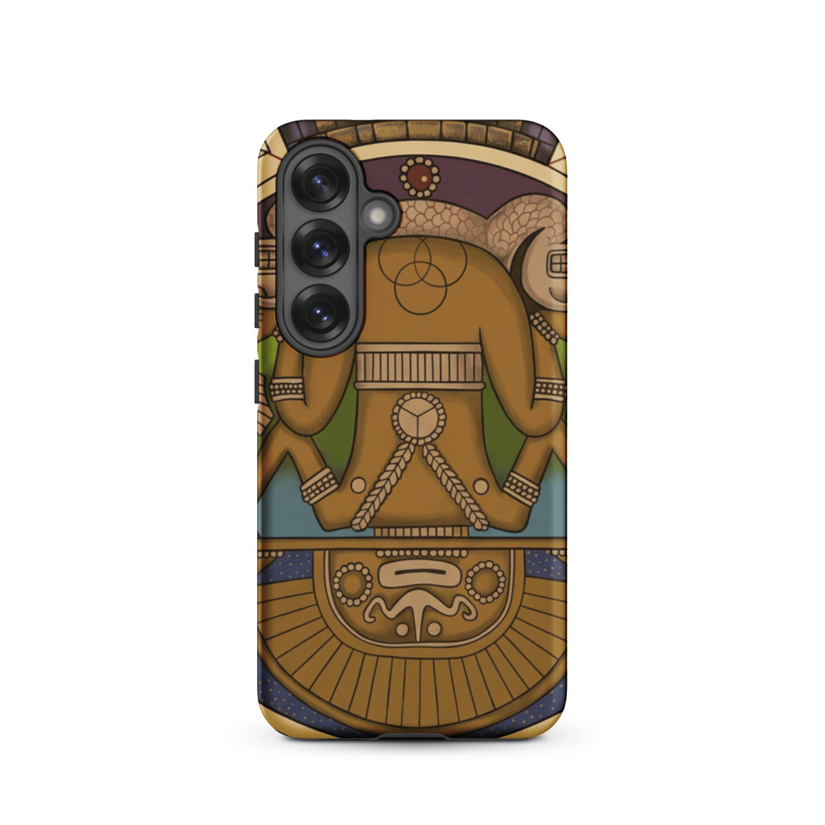 Tough case for Samsung Galaxy S25 with hand-drawn pre-Columbian Sun God deity art by Bareta Fina Designs