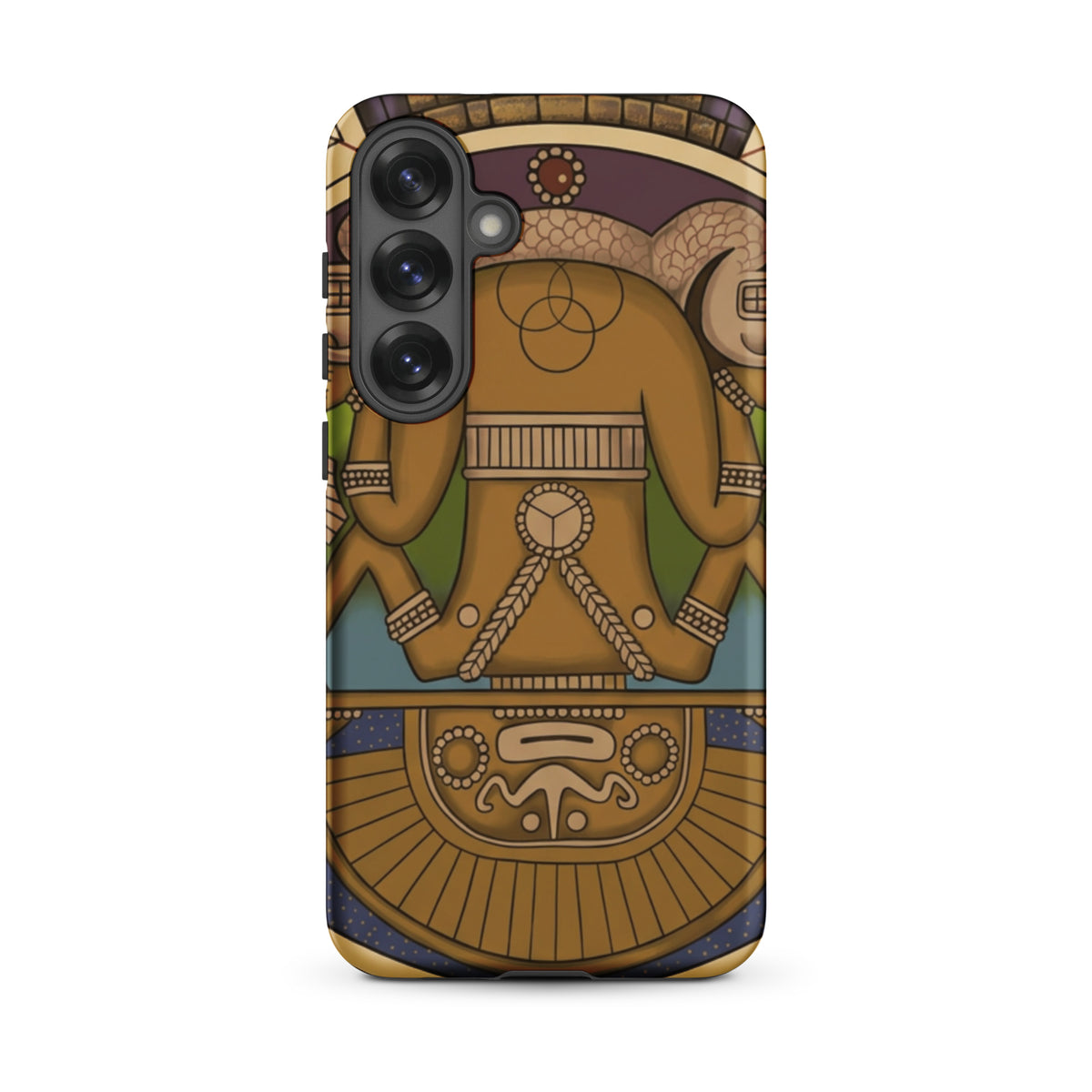 Tough case for Samsung Galaxy S25 Plus with hand-drawn pre-Columbian Sun God deity art by Bareta Fina Designs