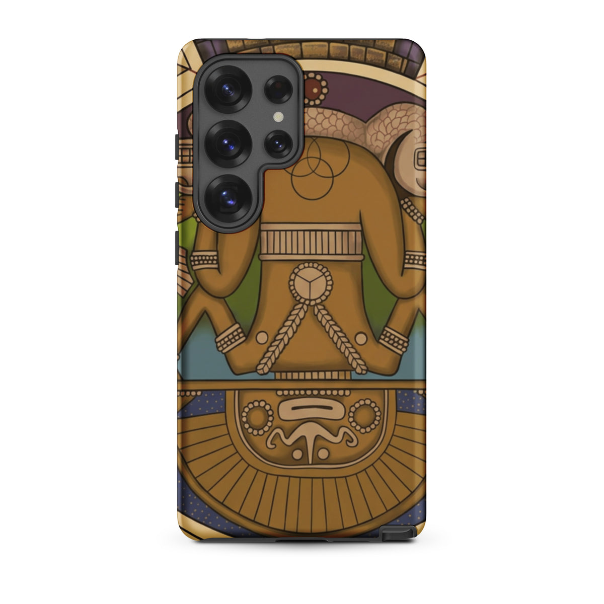 Tough case for Samsung Galaxy S25 Ultra with hand-drawn pre-Columbian Sun God deity art by Bareta Fina Designs