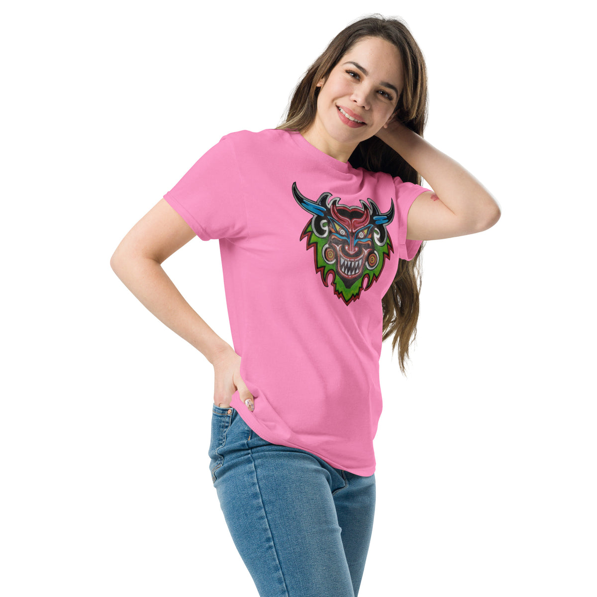 Azalea unisex t-shirt with original hand-drawn Dancing Demon folk art by Bareta Fina Designs