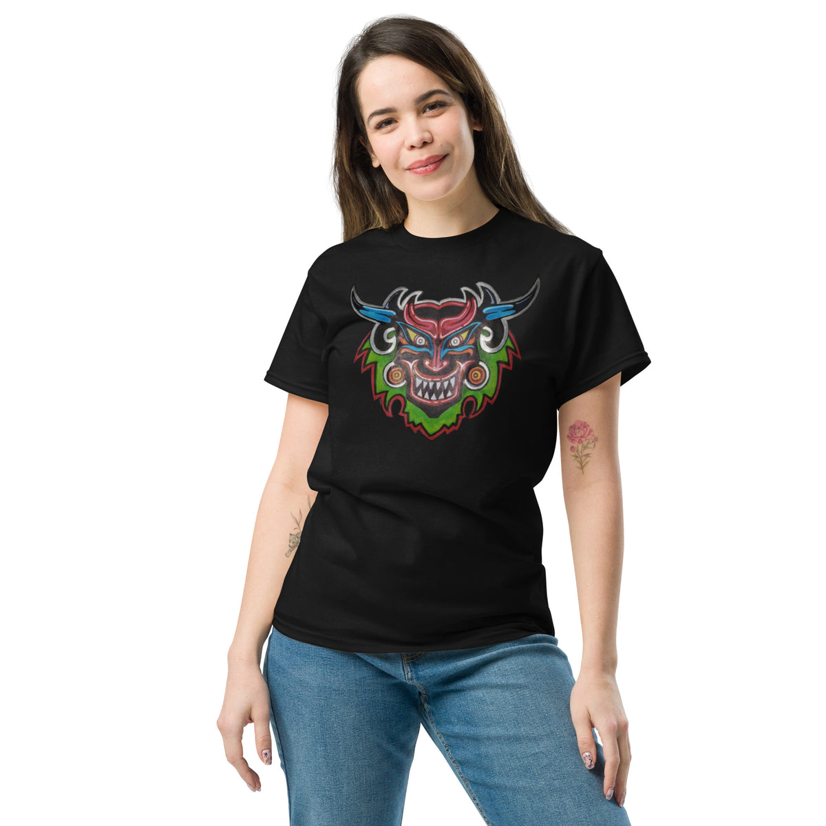 Black unisex t-shirt with original hand-drawn Dancing Demon folk art by Bareta Fina Designs