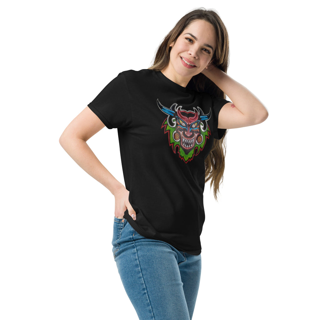 Black unisex t-shirt with original hand-drawn Dancing Demon folk art by Bareta Fina Designs