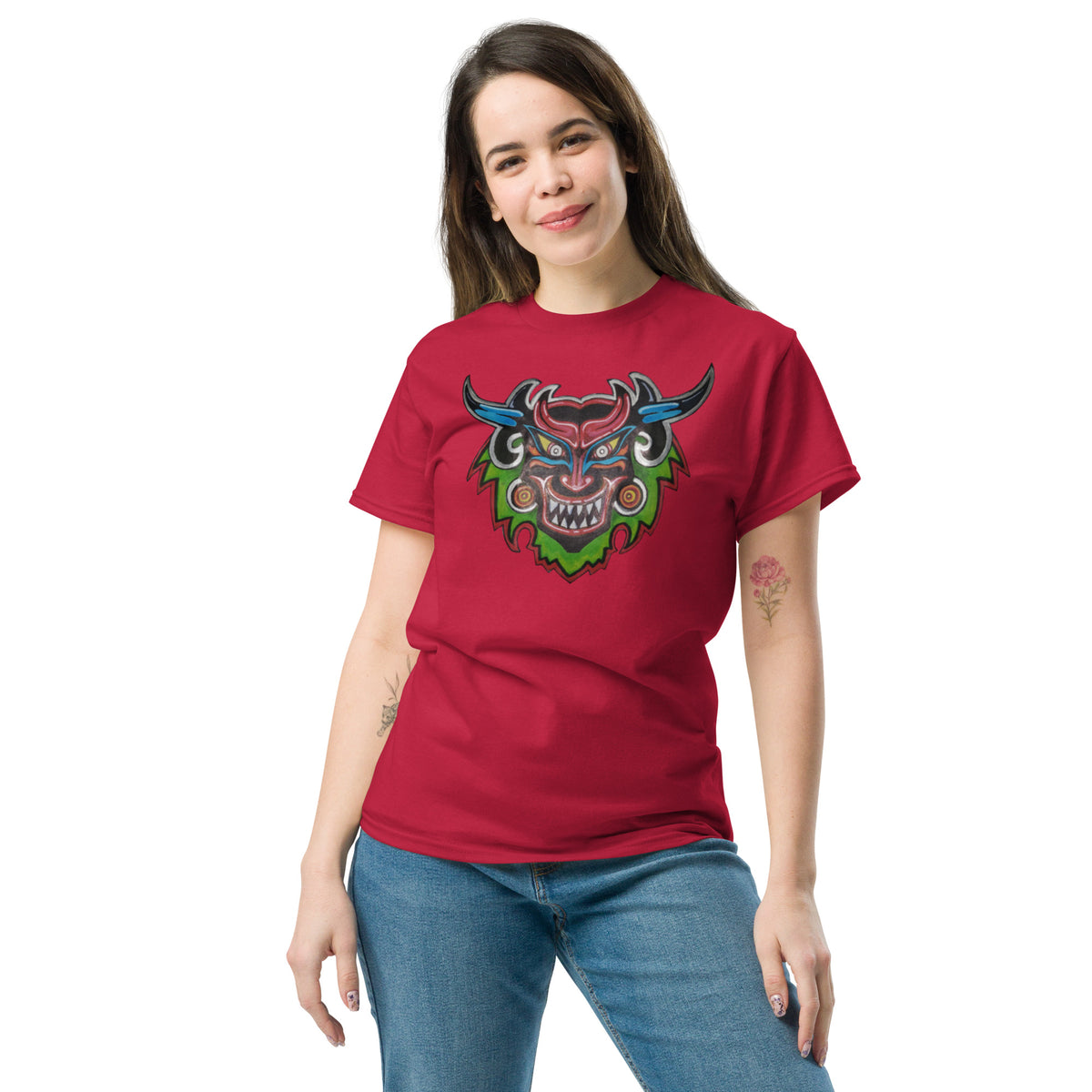 Cardinal unisex t-shirt with original hand-drawn Dancing Demon folk art by Bareta Fina Designs