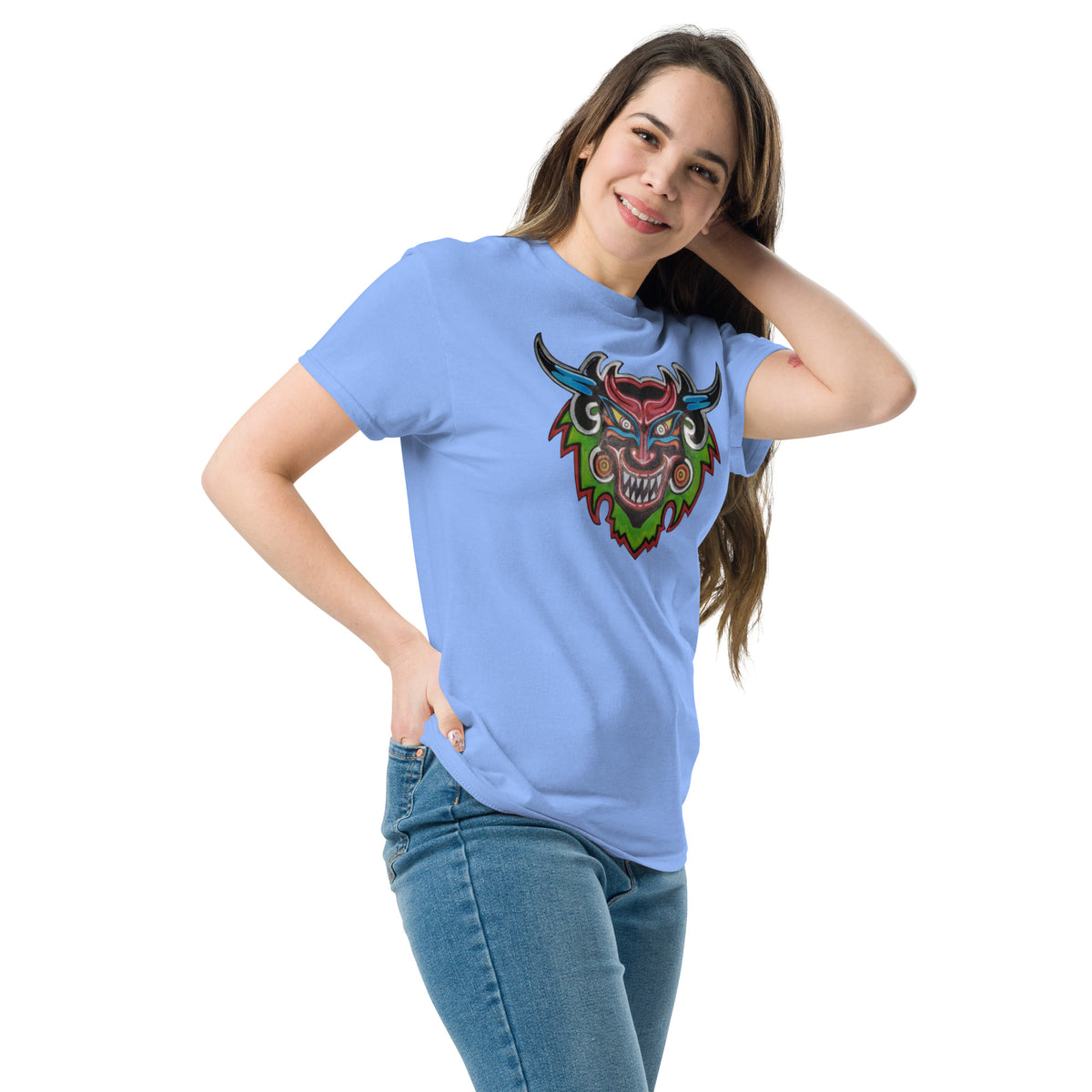 Carolina blue unisex t-shirt with original hand-drawn Dancing Demon folk art by Bareta Fina Designs