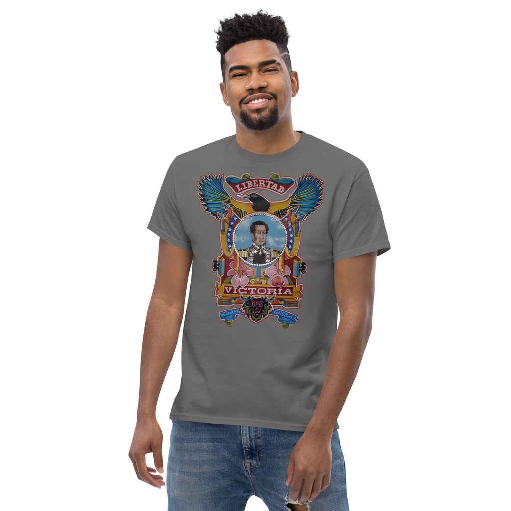 Charcoal unisex t-shirt with hand-drawn Simón Bolívar-inspired art – El Libertador tee by Bareta Fina Designs