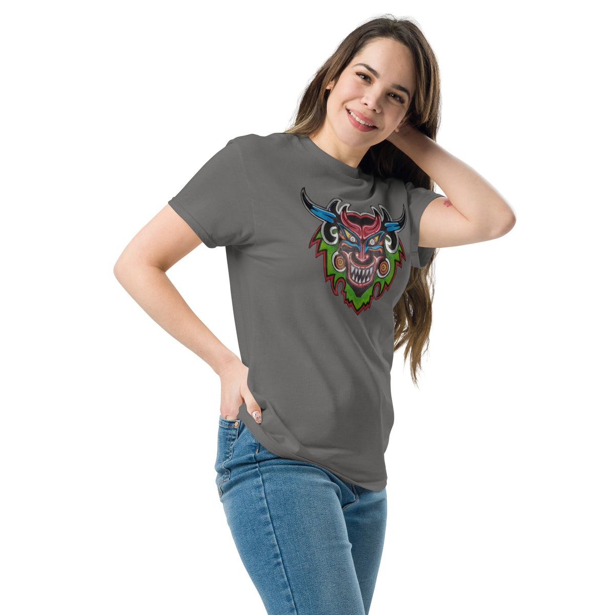 Charcoal unisex t-shirt with original hand-drawn Dancing Demon folk art by Bareta Fina Designs