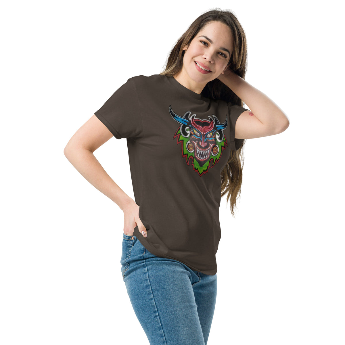 Dark chocolate brown unisex t-shirt with original hand-drawn Dancing Demon folk art by Bareta Fina Designs