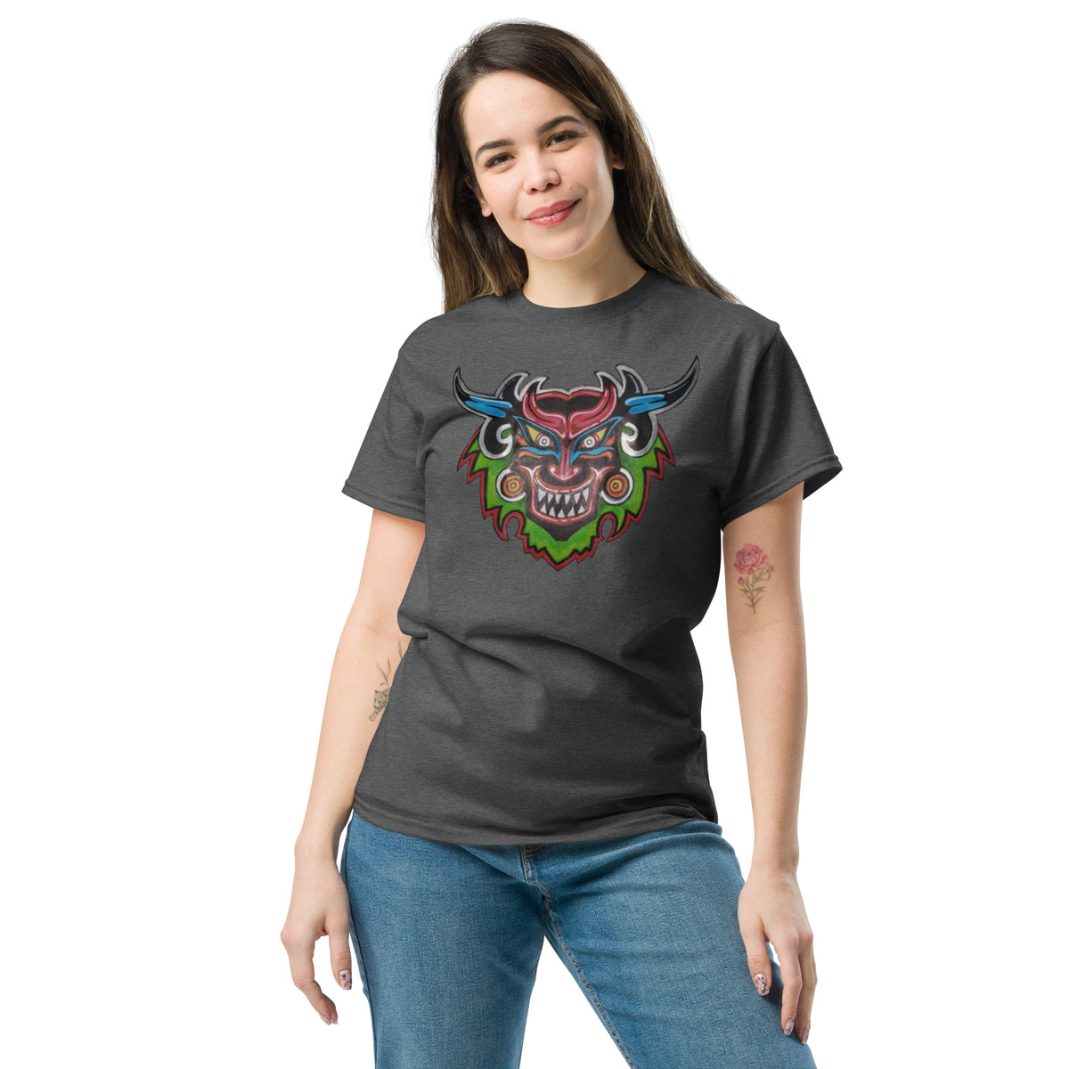 Dark heather gray unisex t-shirt with original hand-drawn Dancing Demon folk art by Bareta Fina Designs