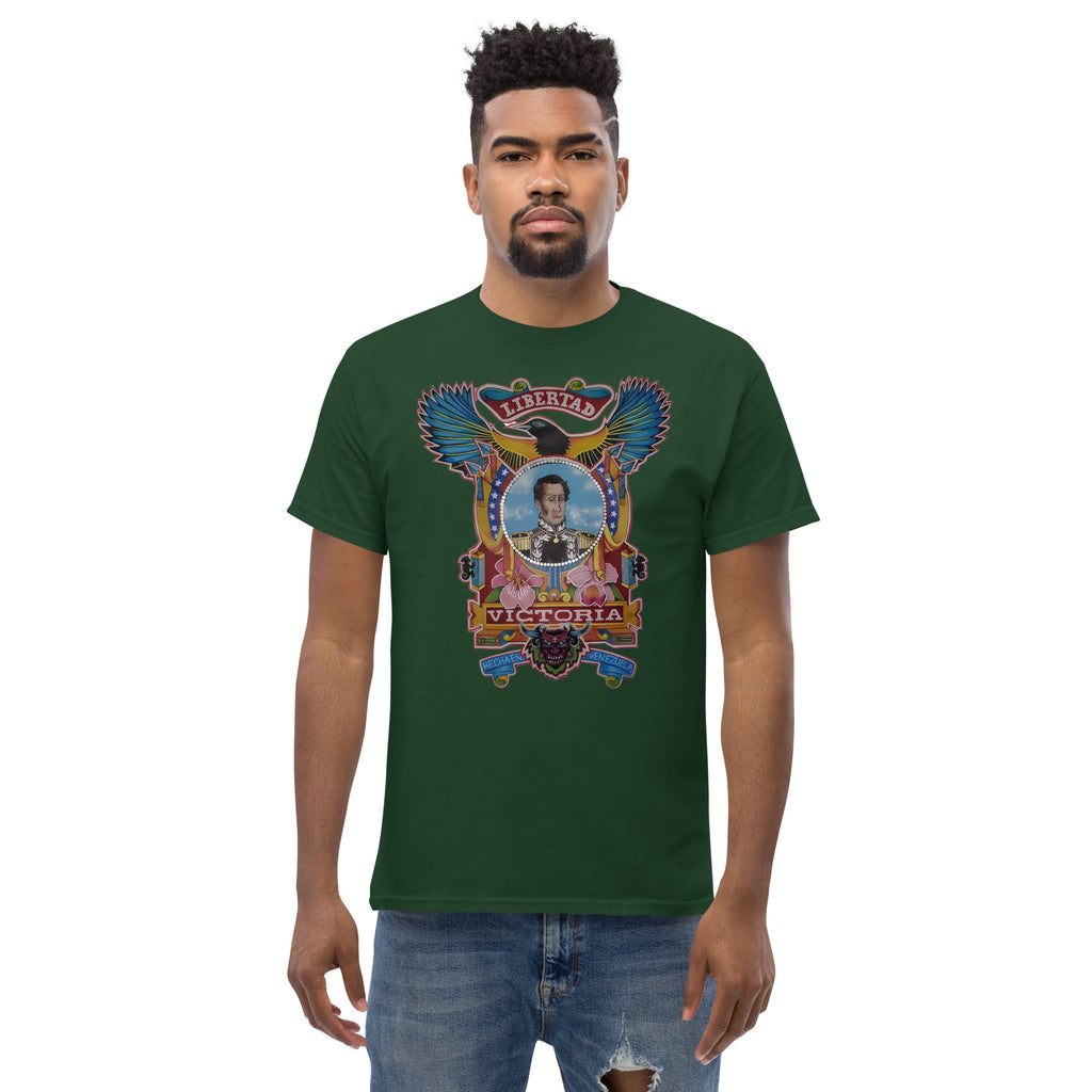 Forest green unisex t-shirt with hand-drawn Simón Bolívar-inspired art – El Libertador tee by Bareta Fina Designs