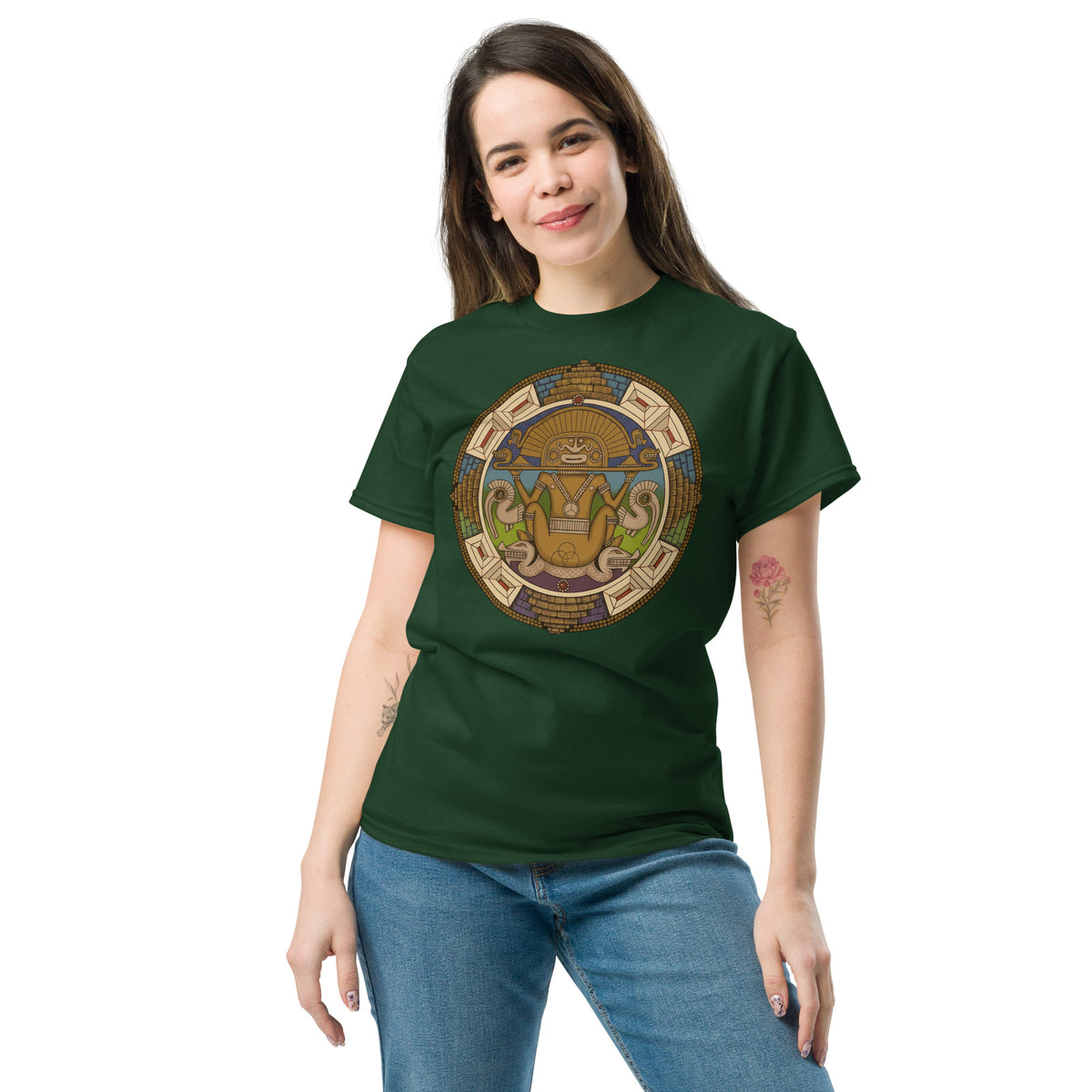 Forest green unisex t-shirt with hand-drawn pre-Columbian Sun God deity art by Bareta Fina Designs